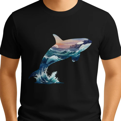 Majestic Jumping Orca Killer Whale Ocean Waves Sunset Double Exposure Graphic