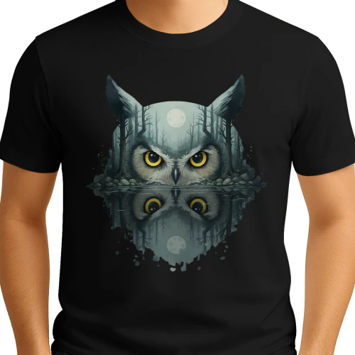 Mysterious Owl Night Forest Full Moon Water Reflection Double Exposure Graphic