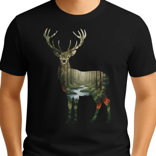Majestic Buck Deer Silhouette Pine Forest River Stream Double Exposure Graphic