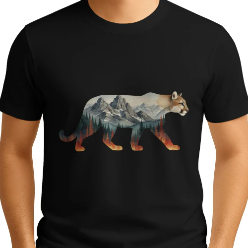 Majestic Mountain Lion Cougar Silhouette Mountain Forest Double Exposure Graphic