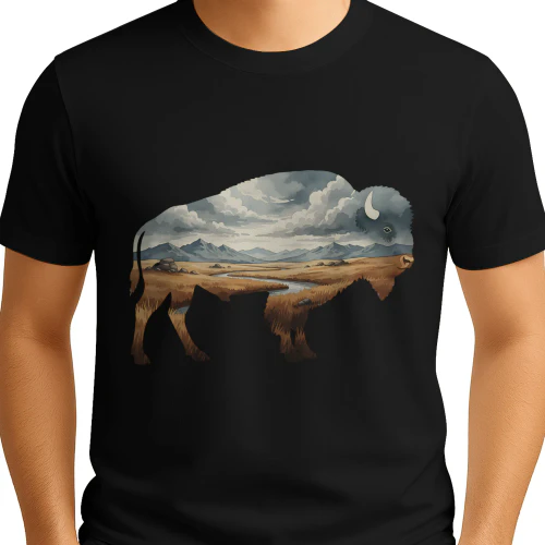 Majestic American Bison Buffalo Silhouette Great Plains Mountain River Double Exposure Graphic