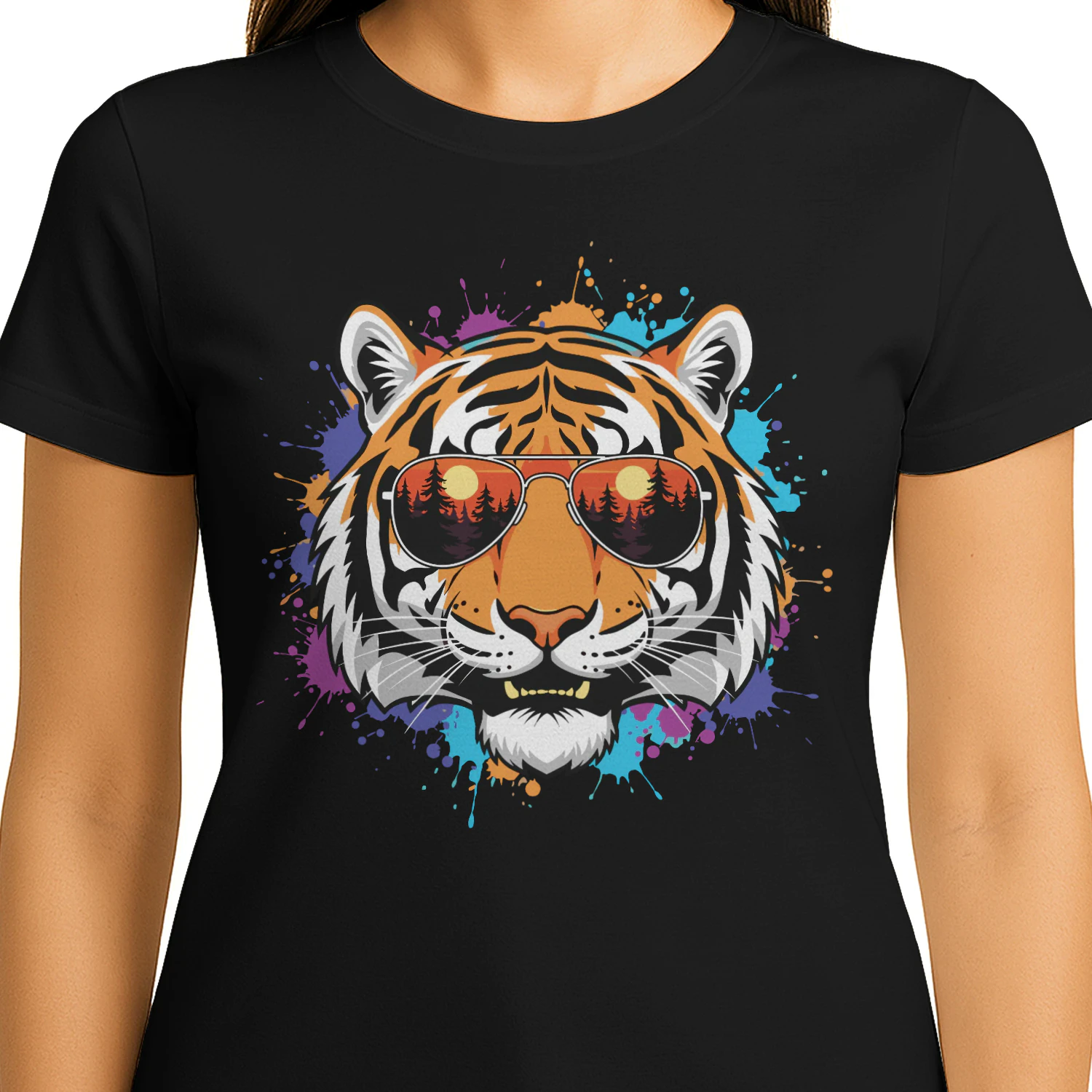 Colorful Tiger Aviator Sunglasses Paint Splatter Sunset Forest