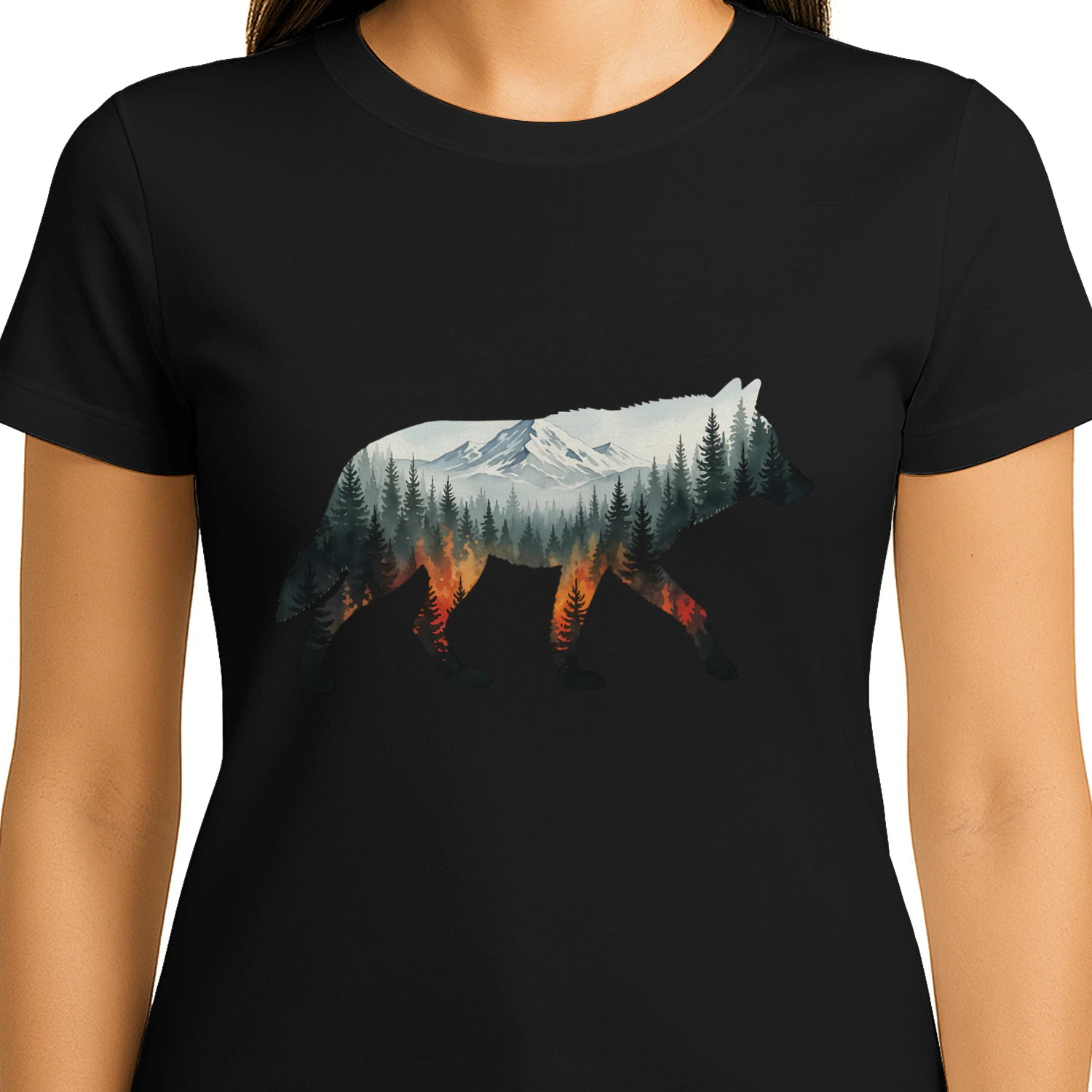 Majestic Wolf Silhouette Mountain Forest Fire Double Exposure Graphic