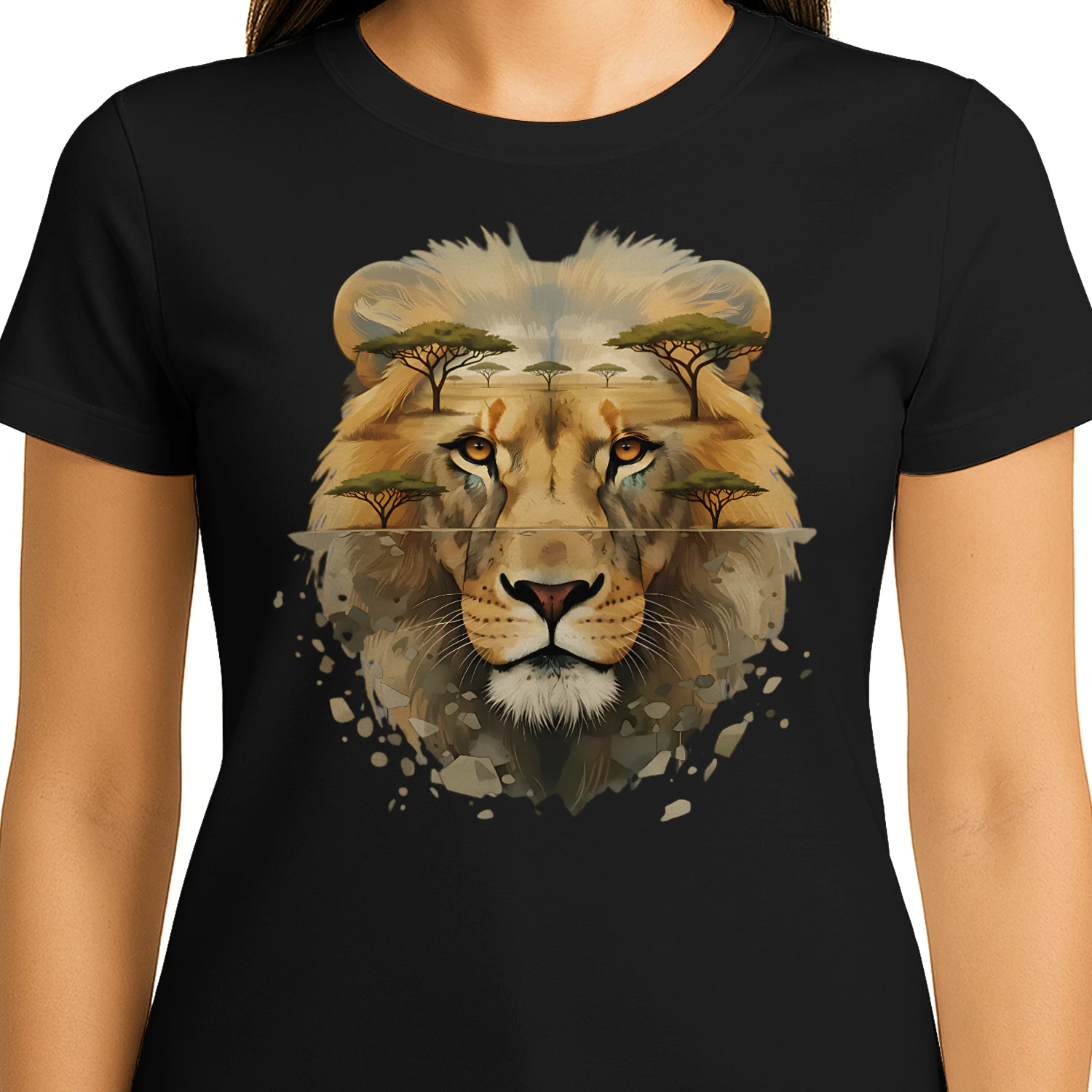 Majestic Lion African Savannah Acacia Trees Double Exposure Graphic