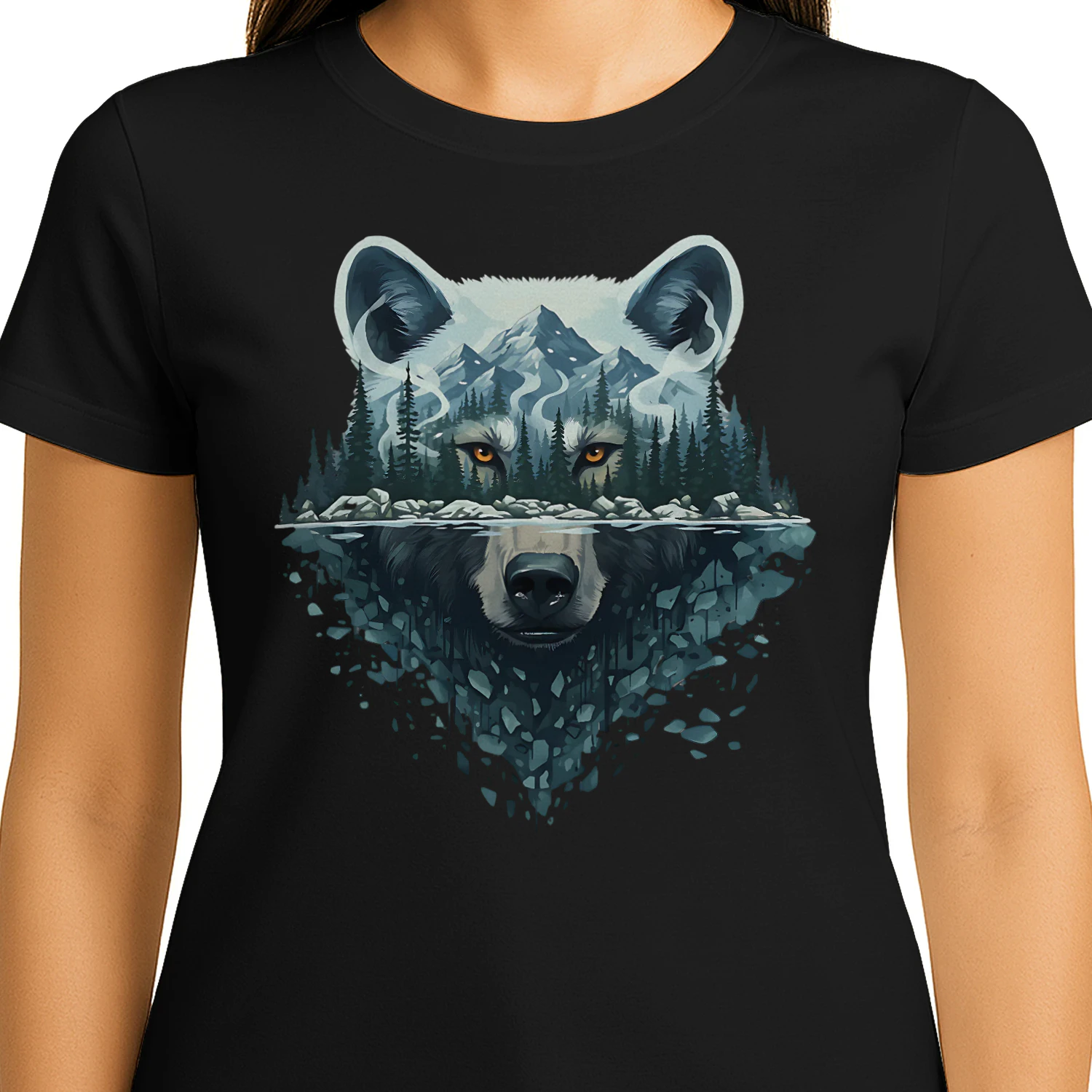 Majestic Wolf Snowy Mountain Forest Water Reflection Double Exposure Graphic