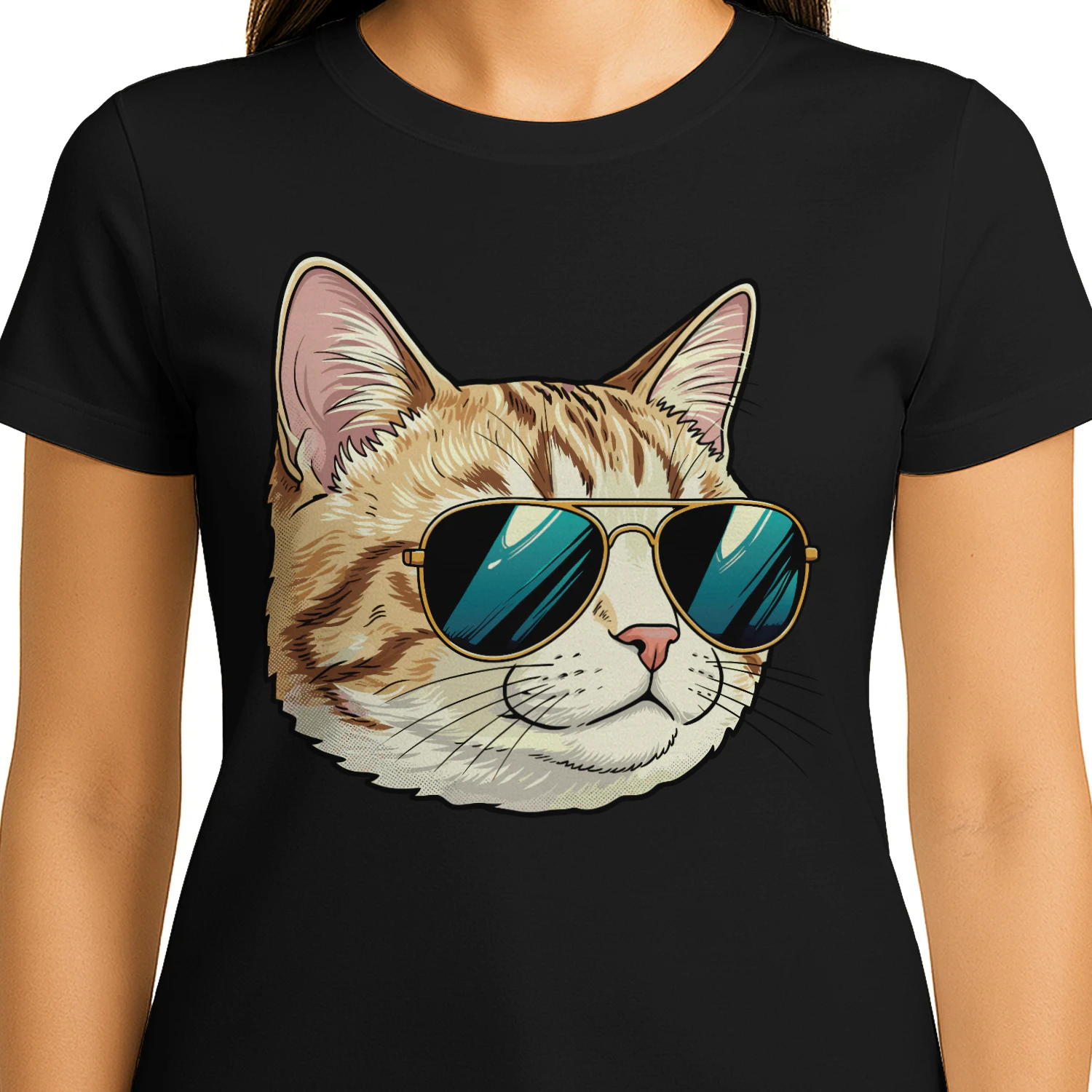 Cool Tabby Cat Gold Aviator Sunglasses Retro Cute Pet Graphic