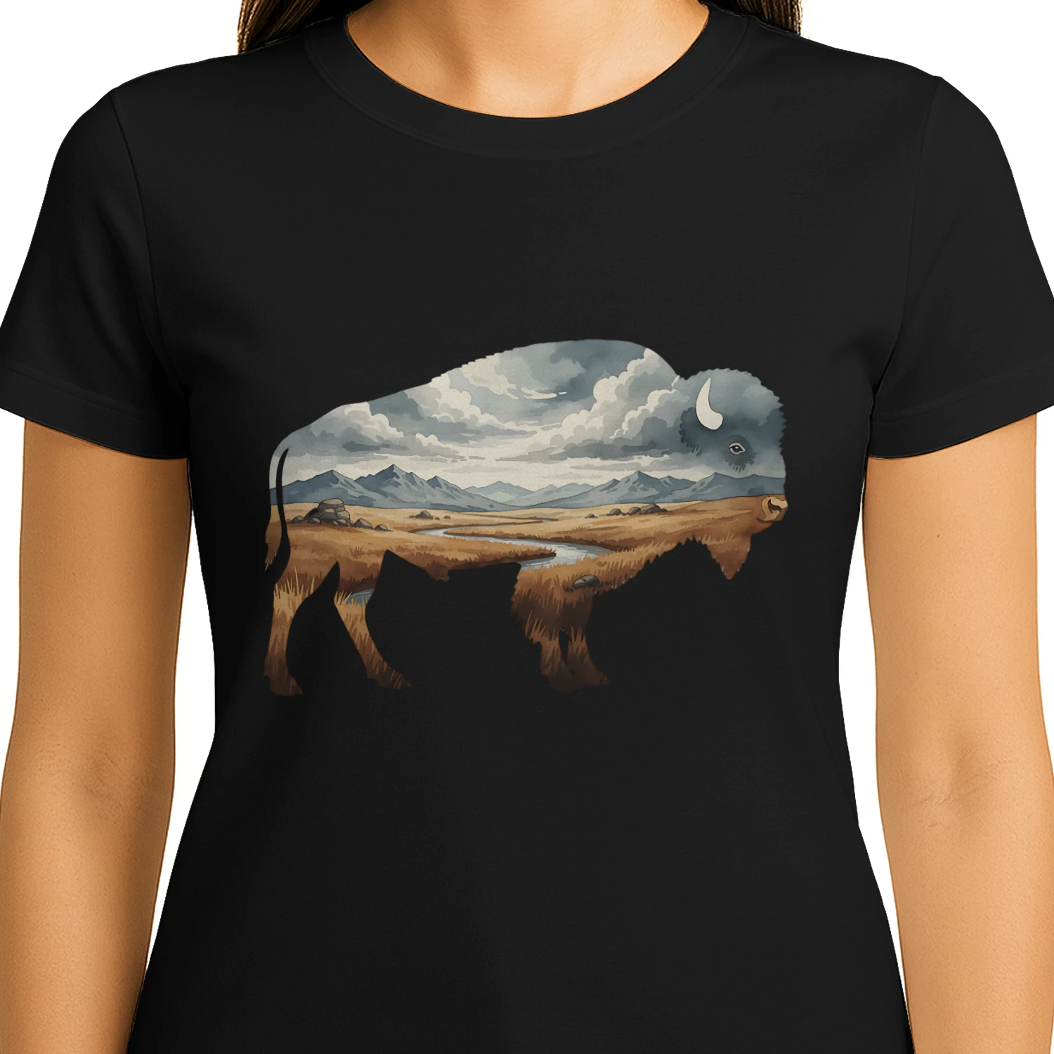 Majestic American Bison Buffalo Silhouette Great Plains Mountain River Double Exposure Graphic