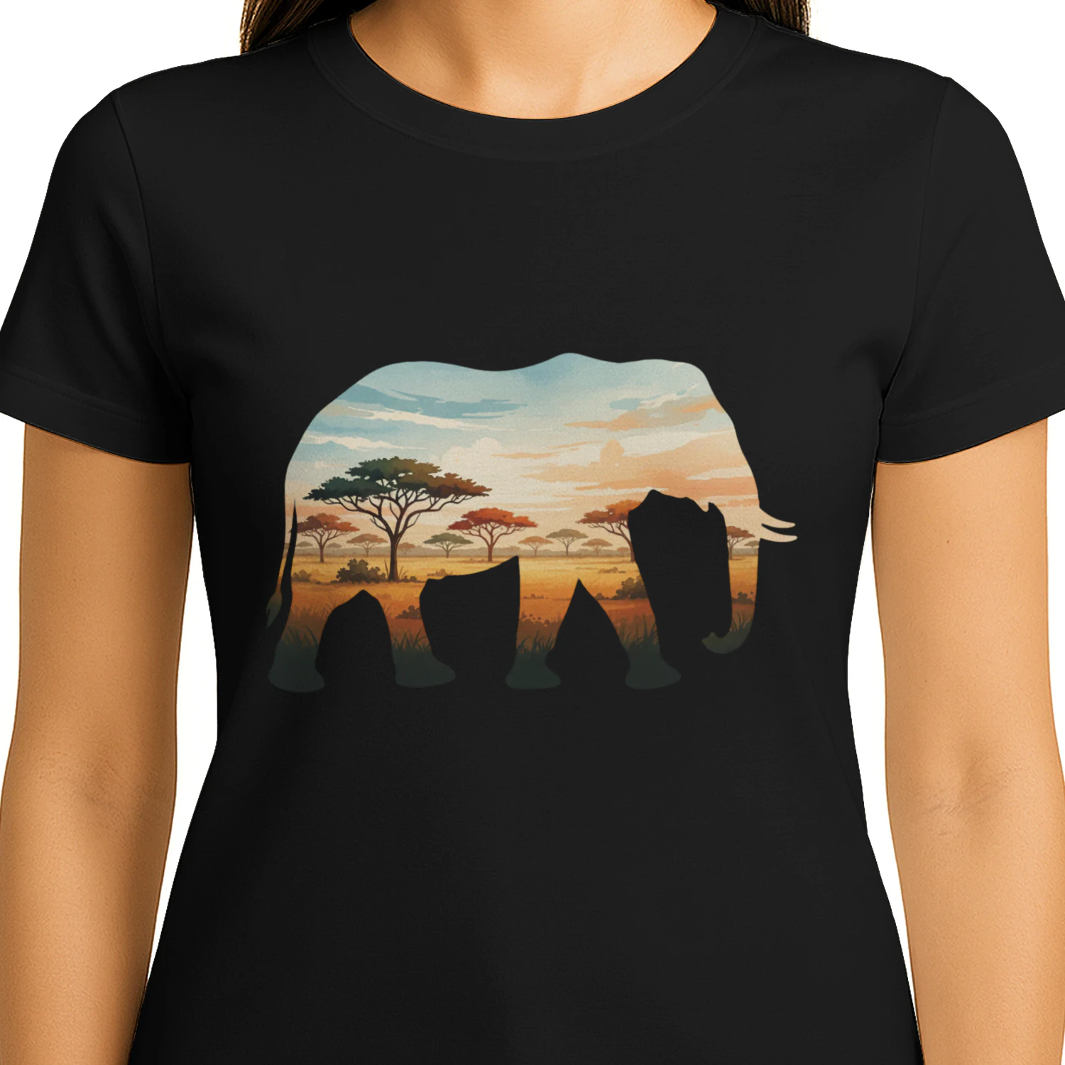 Majestic Elephant Silhouette African Savannah Sunset Acacia Trees Double Exposure Graphic