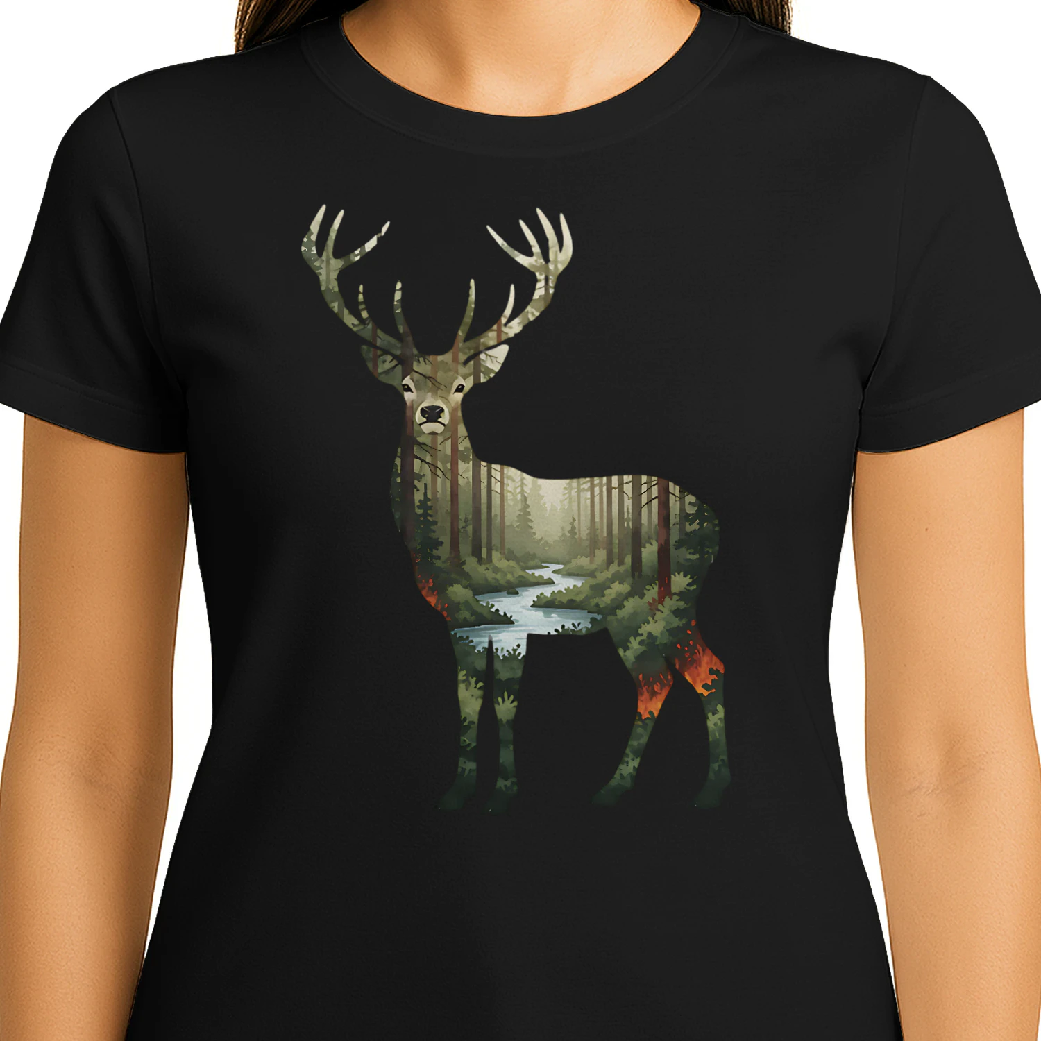 Majestic Buck Deer Silhouette Pine Forest River Stream Double Exposure Graphic