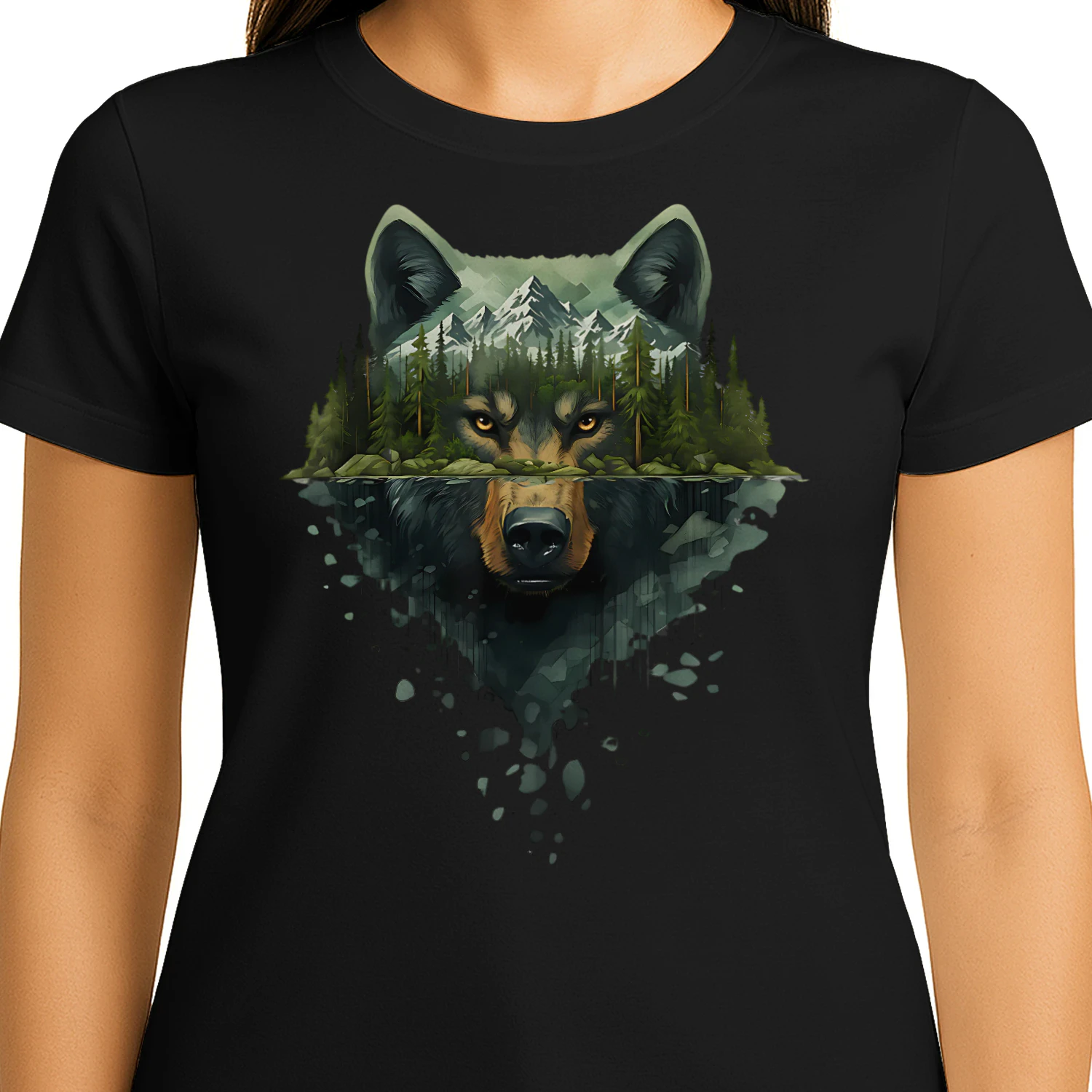 Majestic Wolf Mountain Forest Water Reflection Double Exposure Graphic