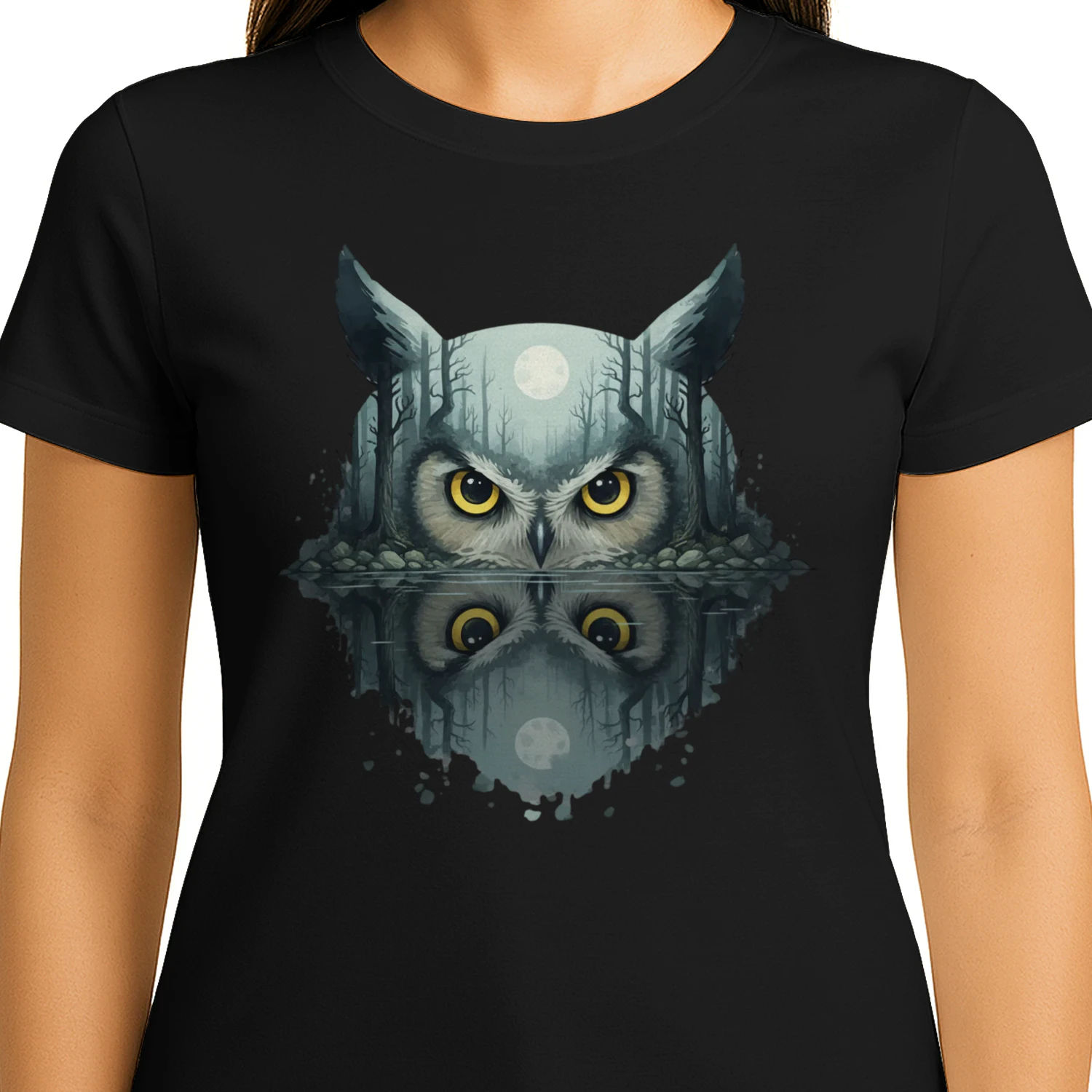 Mysterious Owl Night Forest Full Moon Water Reflection Double Exposure Graphic