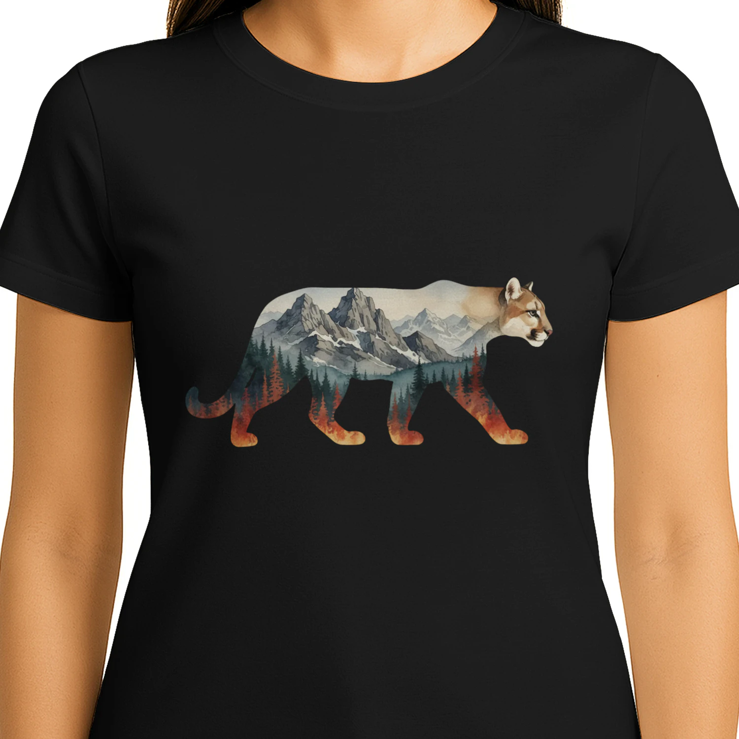 Majestic Mountain Lion Cougar Silhouette Mountain Forest Double Exposure Graphic