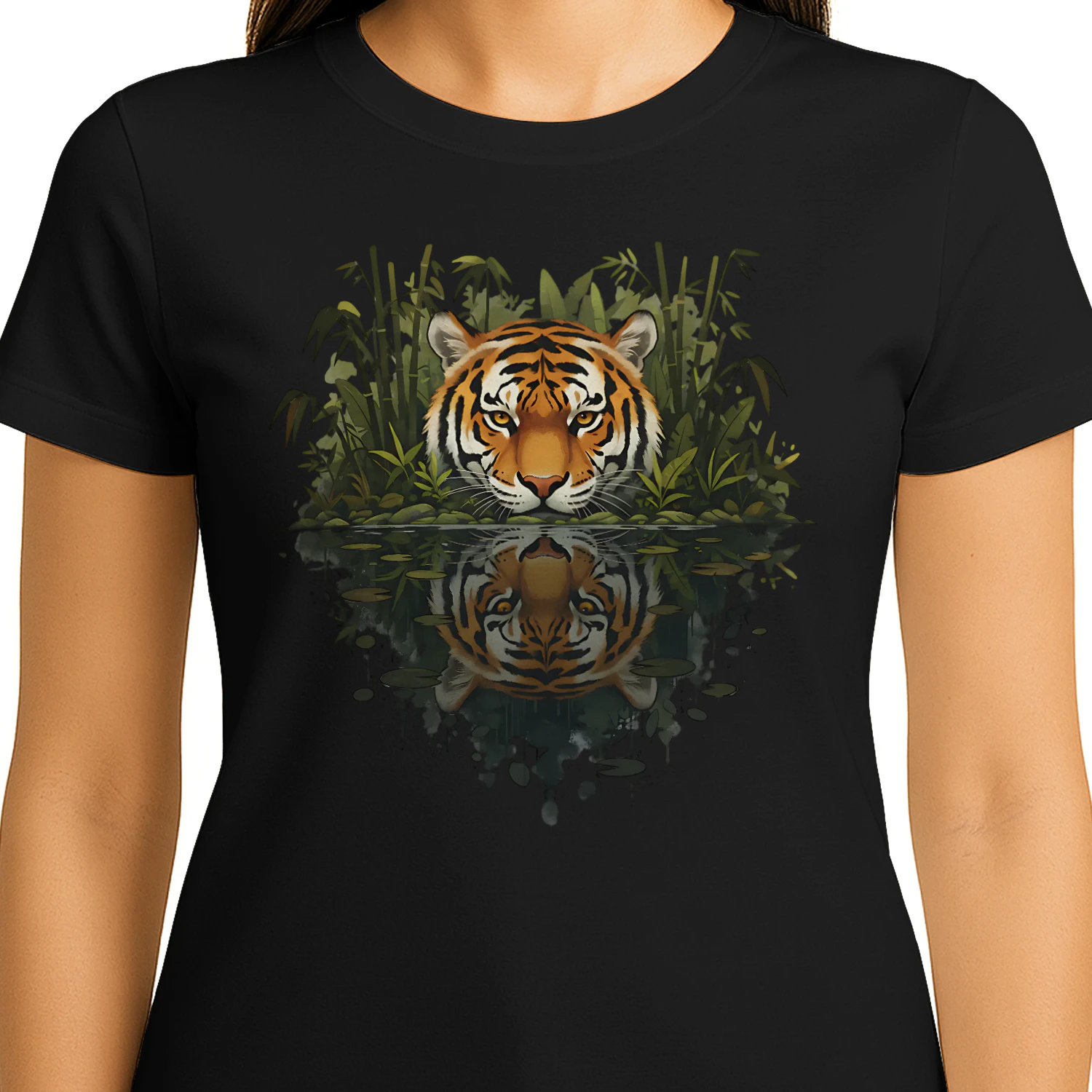 Majestic Tiger Jungle Bamboo Water Reflection Nature Graphic
