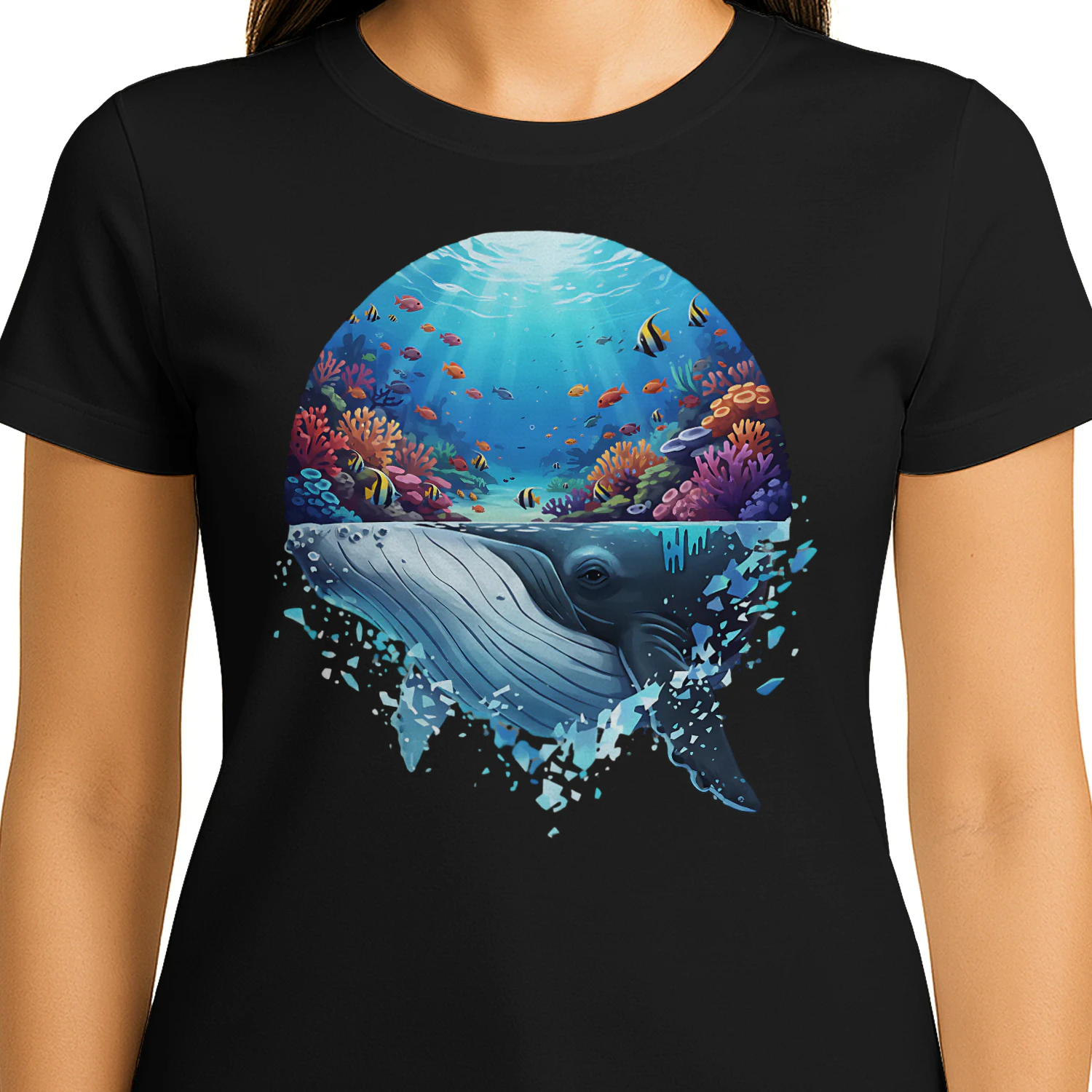 Majestic Humpback Whale Coral Reef Tropical Fish Ocean Life Double Exposure Graphic