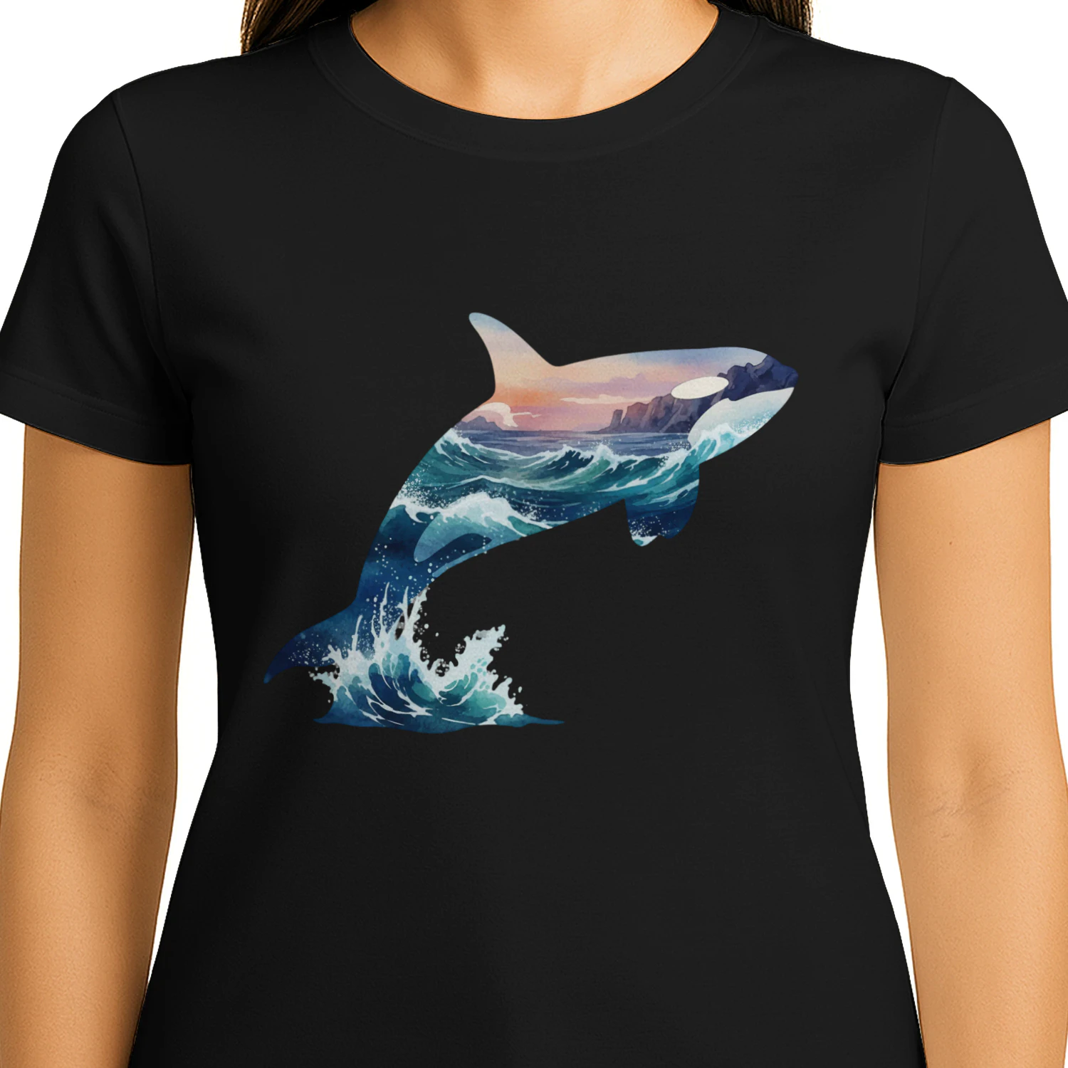 Majestic Jumping Orca Killer Whale Ocean Waves Sunset Double Exposure Graphic