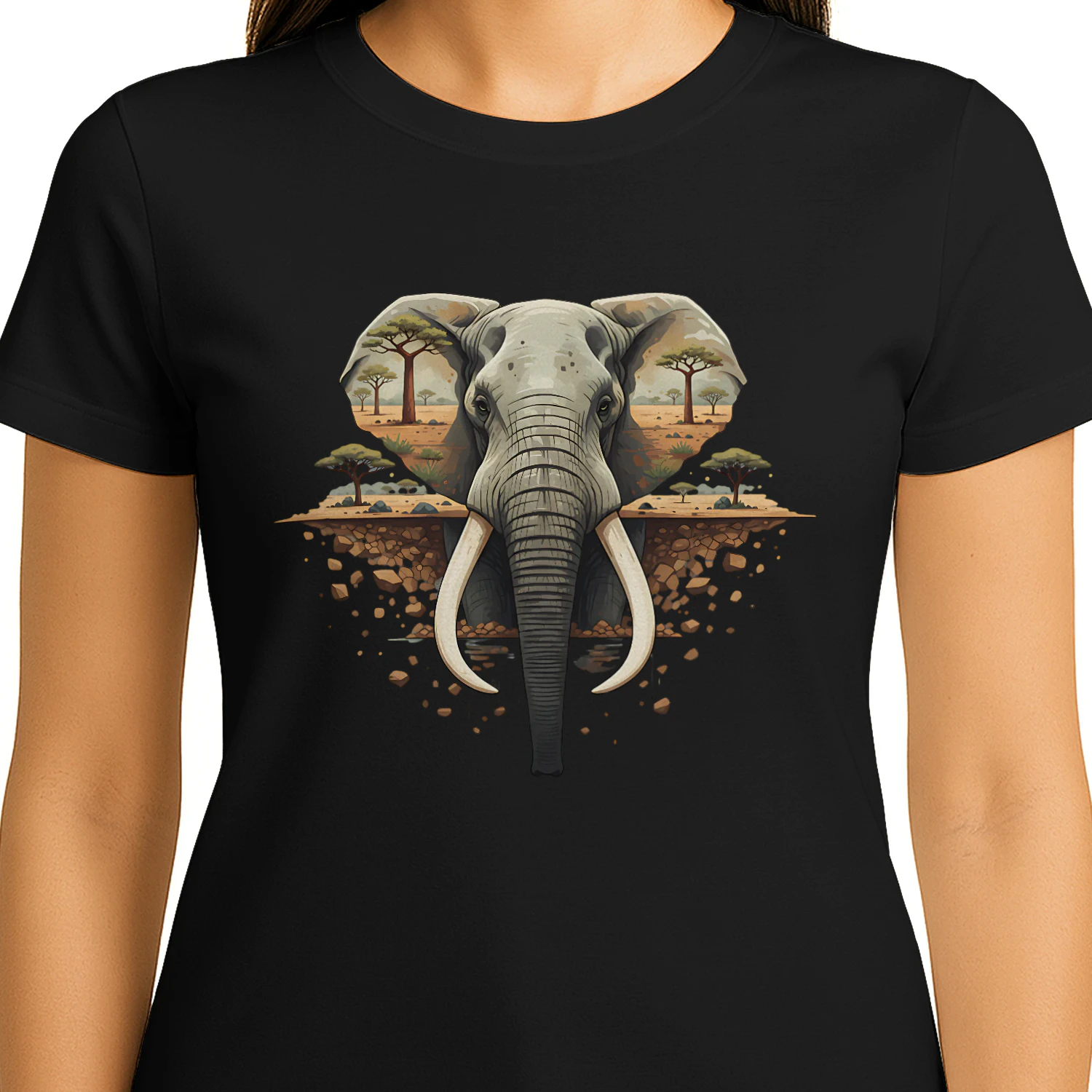 Majestic Elephant African Savannah Double Exposure Vintage Nature Graphic