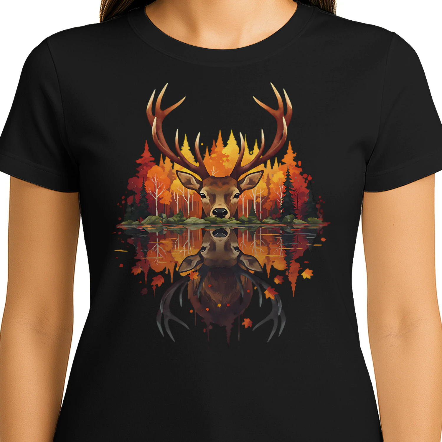 Majestic Buck Deer Autumn Forest Water Reflection Fall Nature Graphic