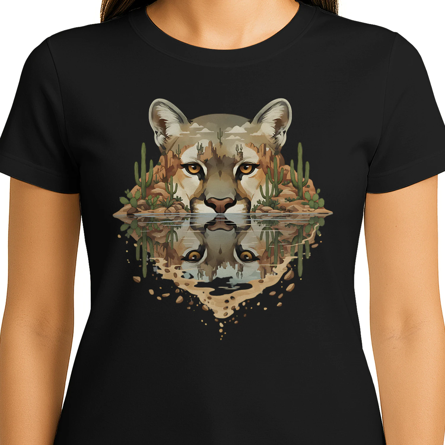 Cougar Mountain Lion Desert Cactus Water Reflection Double Exposure Graphic