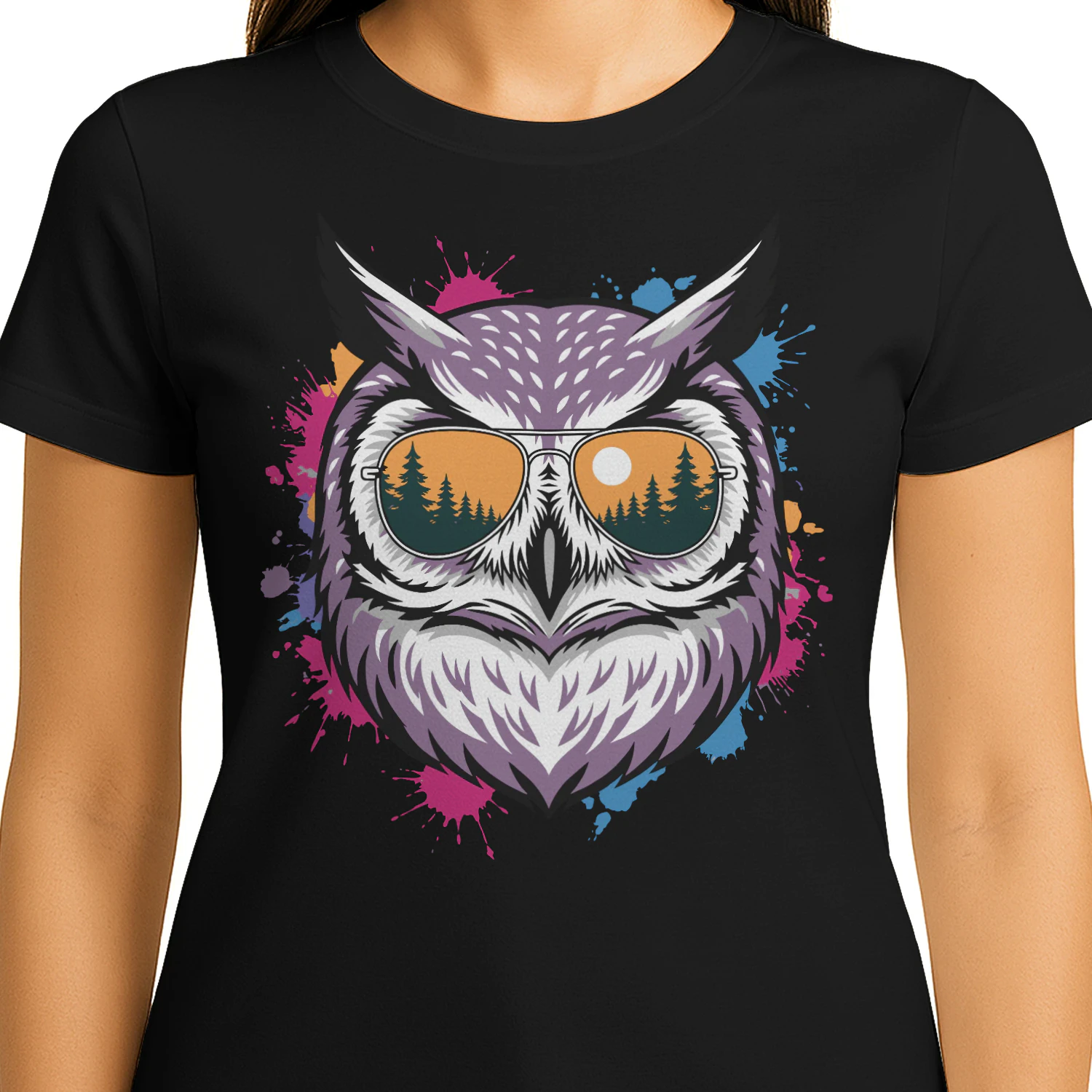 Colorful Owl Aviator Sunglasses Paint Splatter Sunset Forest