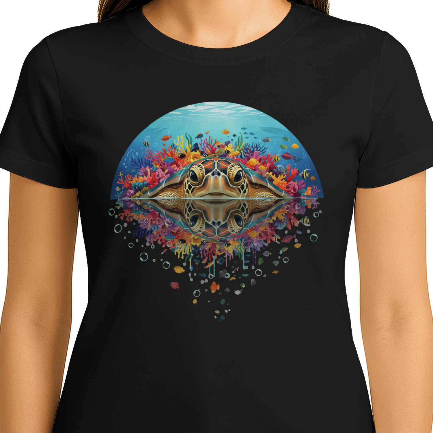 Majestic Sea Turtle Coral Reef Water Reflection Double Exposure Graphic