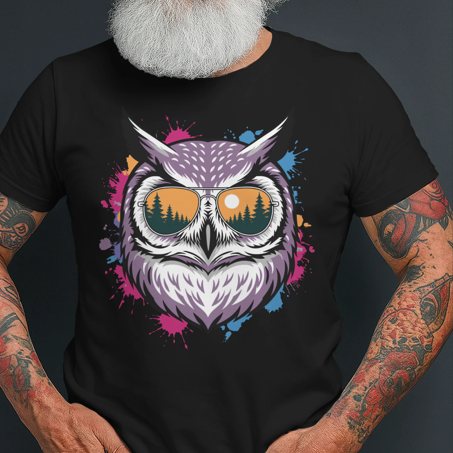 Colorful Owl Aviator Sunglasses Paint Splatter Sunset Forest