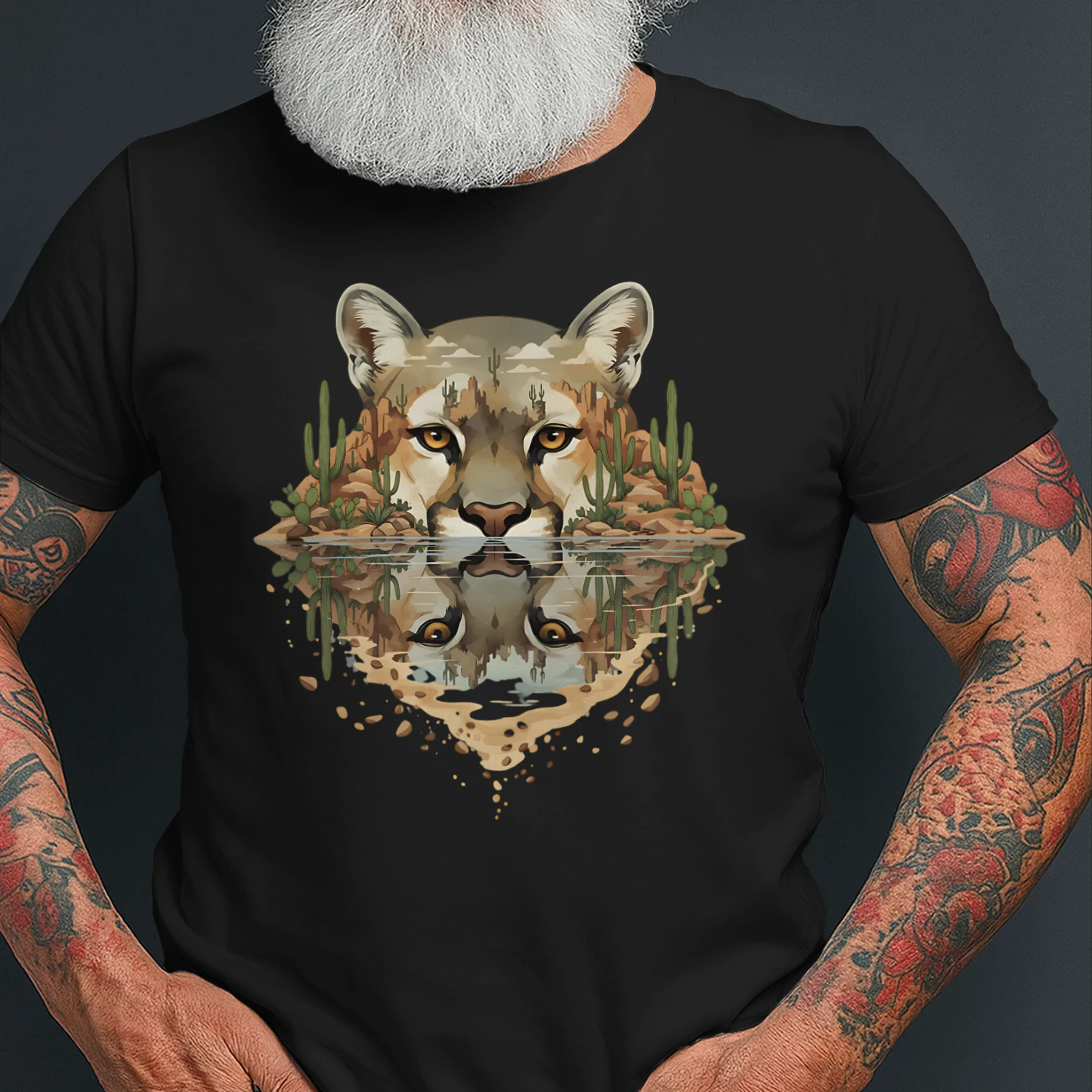 Cougar Mountain Lion Desert Cactus Water Reflection Double Exposure Graphic