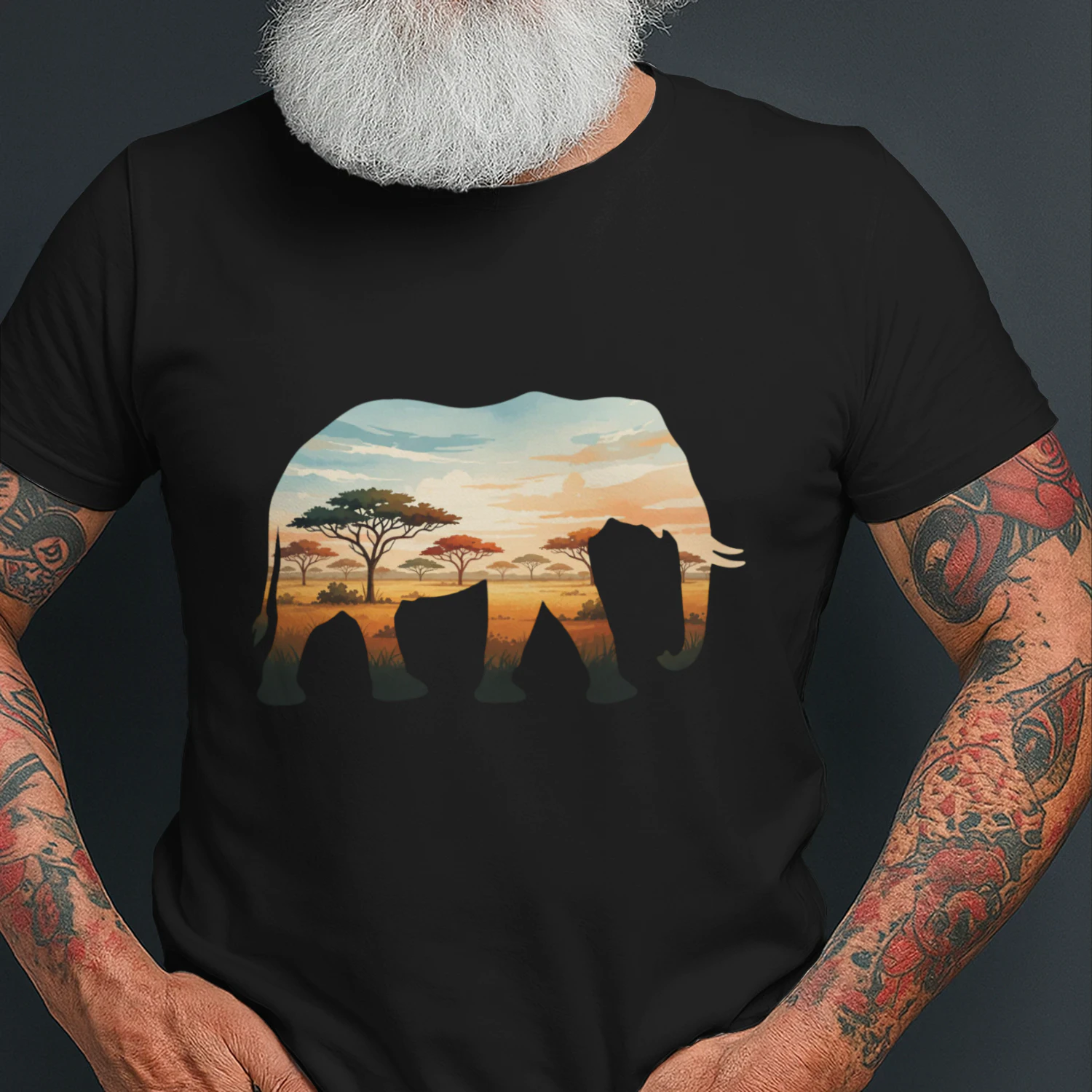 Majestic Elephant Silhouette African Savannah Sunset Acacia Trees Double Exposure Graphic