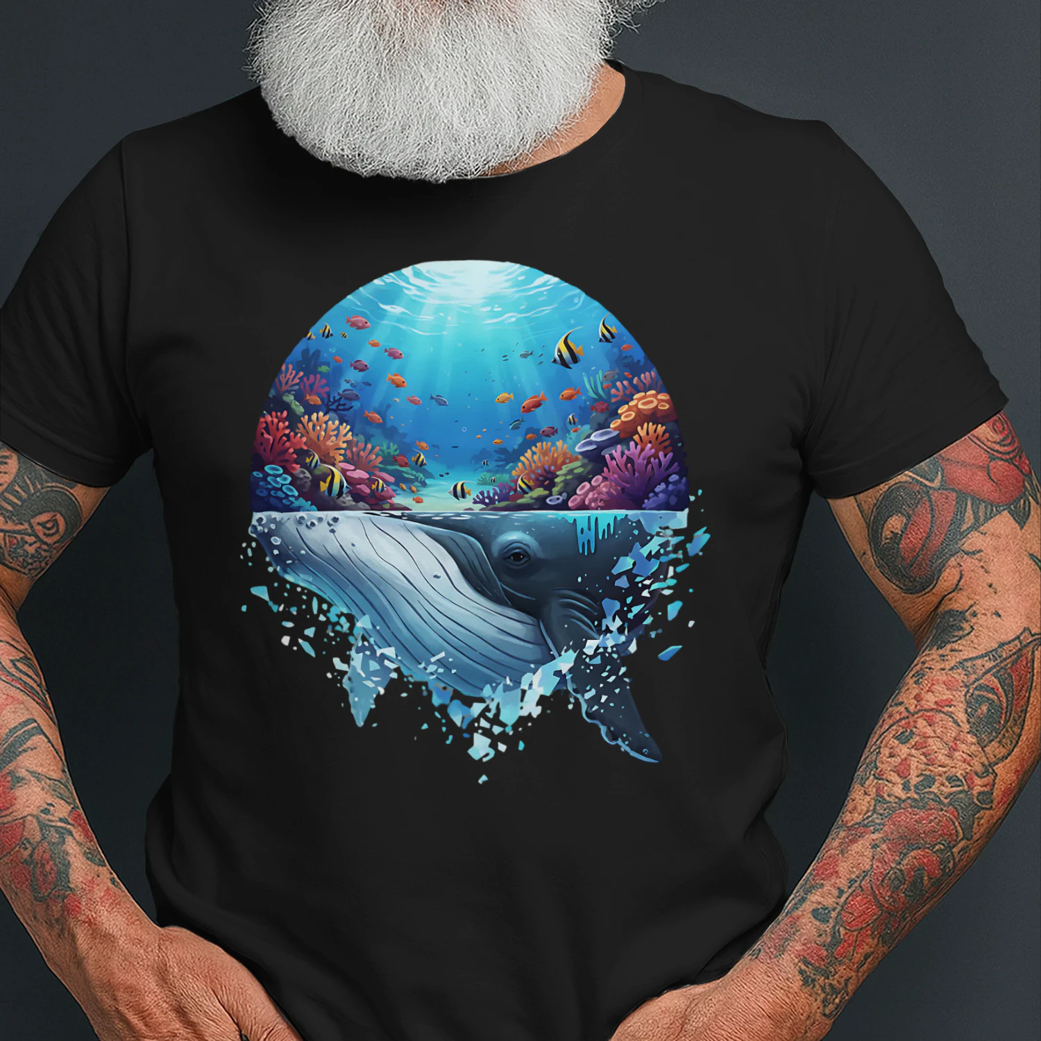 Majestic Humpback Whale Coral Reef Tropical Fish Ocean Life Double Exposure Graphic