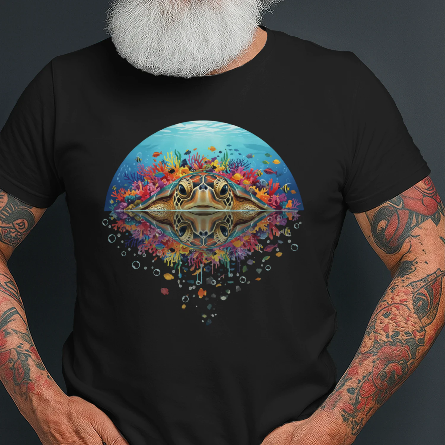 Majestic Sea Turtle Coral Reef Water Reflection Double Exposure Graphic