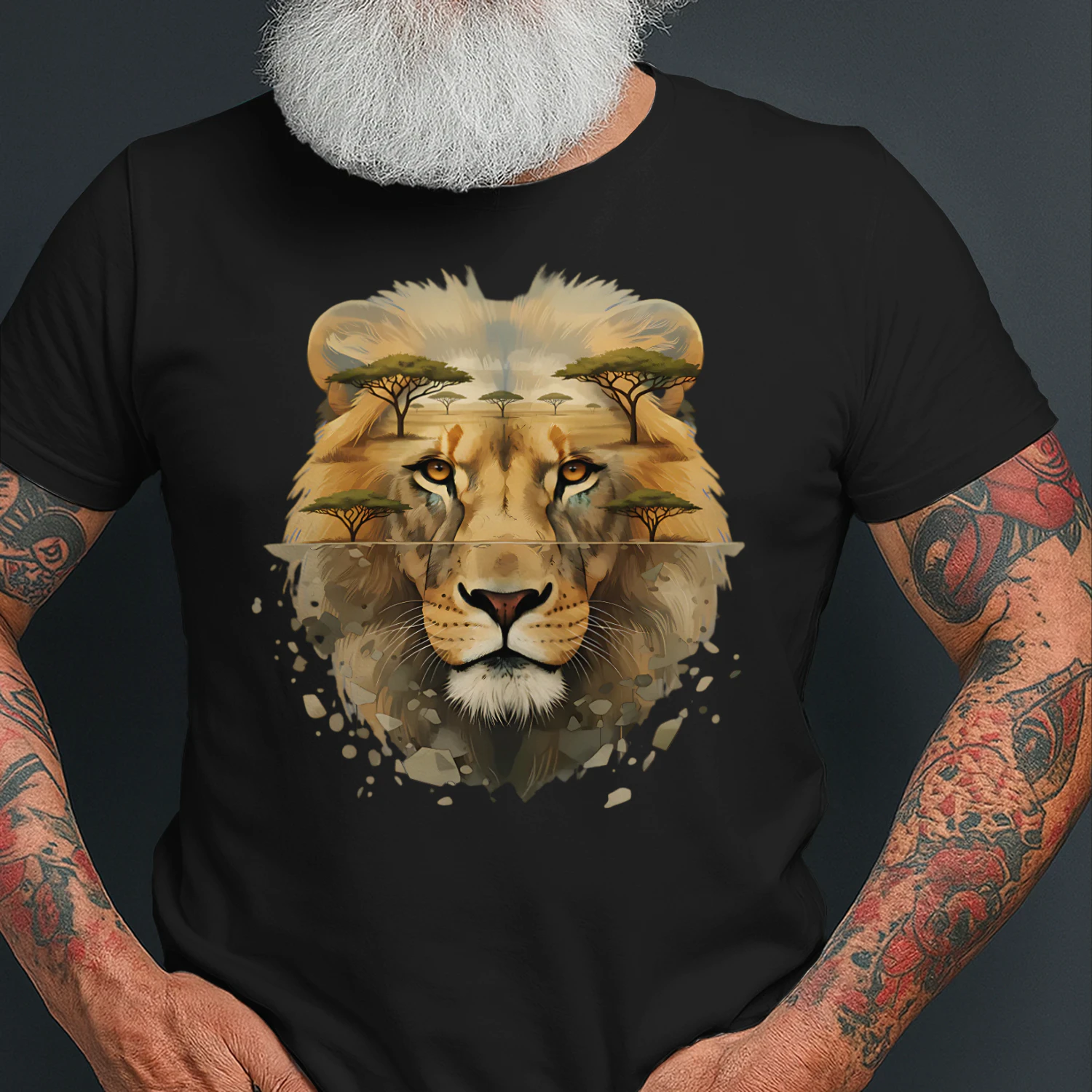 Majestic Lion African Savannah Acacia Trees Double Exposure Graphic