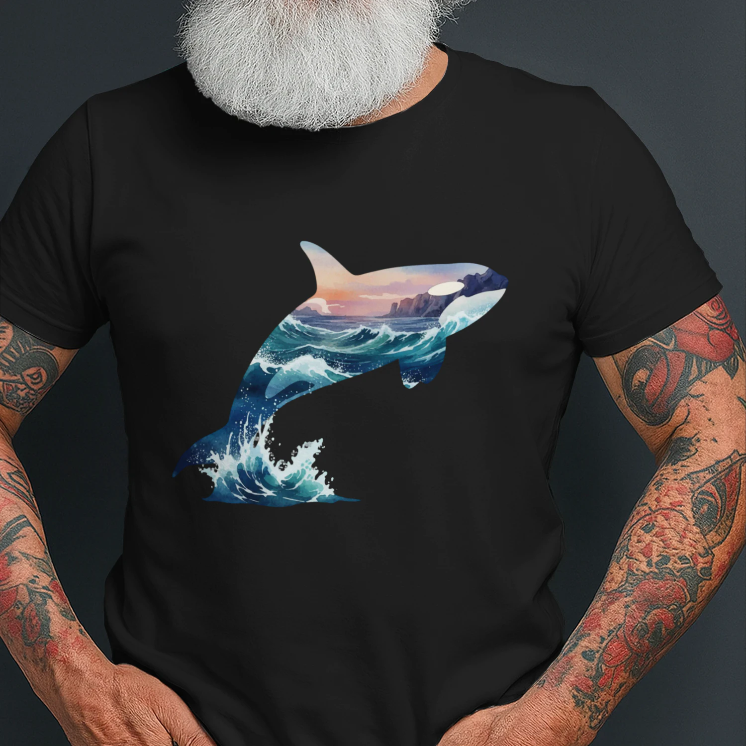 Majestic Jumping Orca Killer Whale Ocean Waves Sunset Double Exposure Graphic