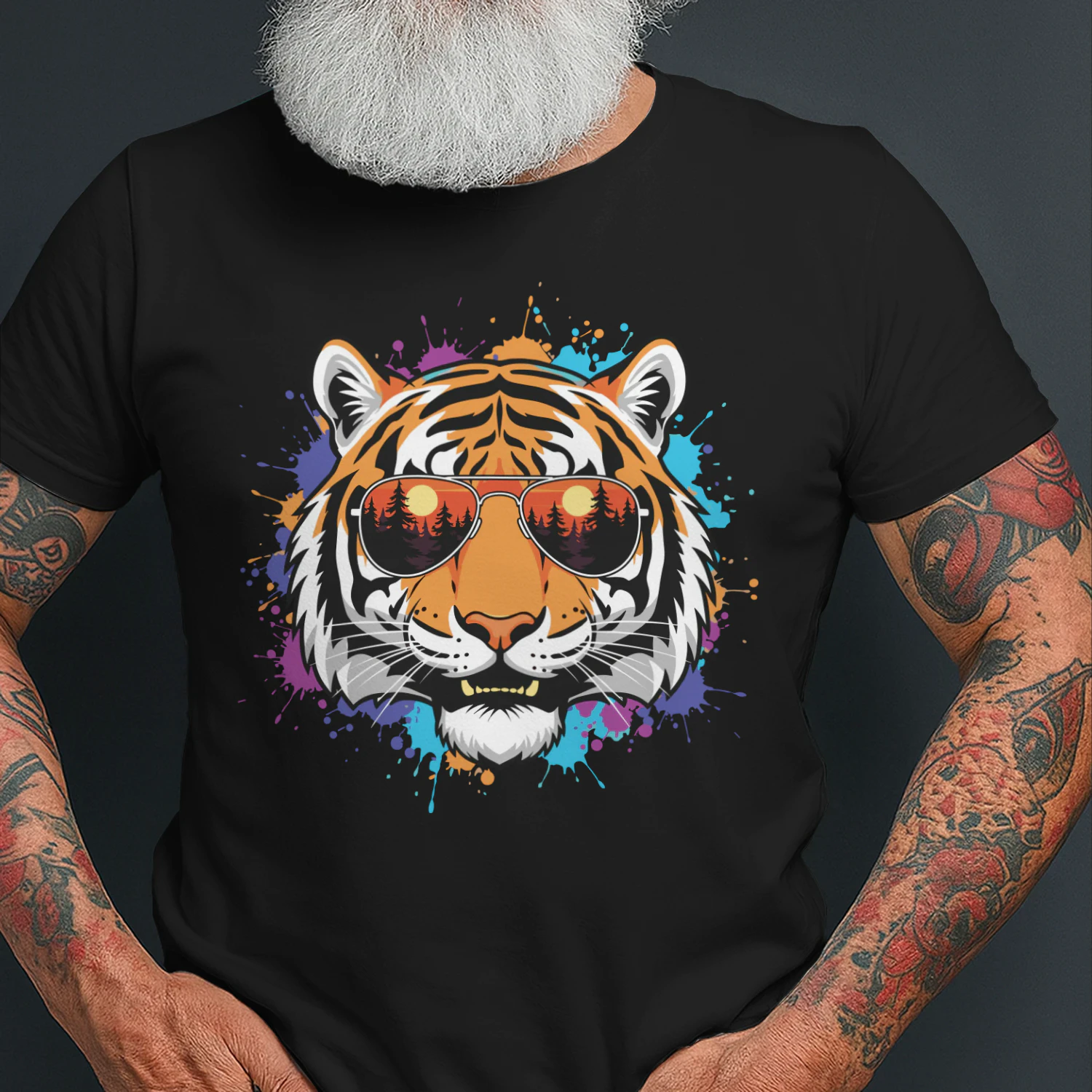 Colorful Tiger Aviator Sunglasses Paint Splatter Sunset Forest