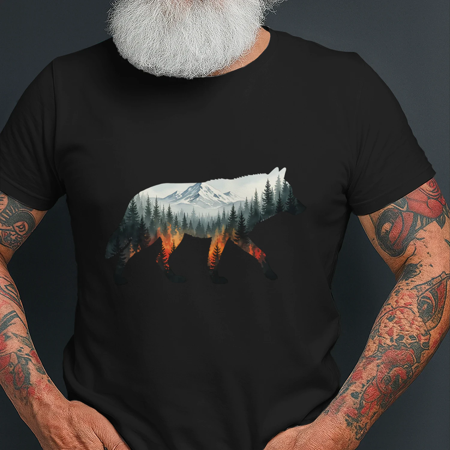 Majestic Wolf Silhouette Mountain Forest Fire Double Exposure Graphic