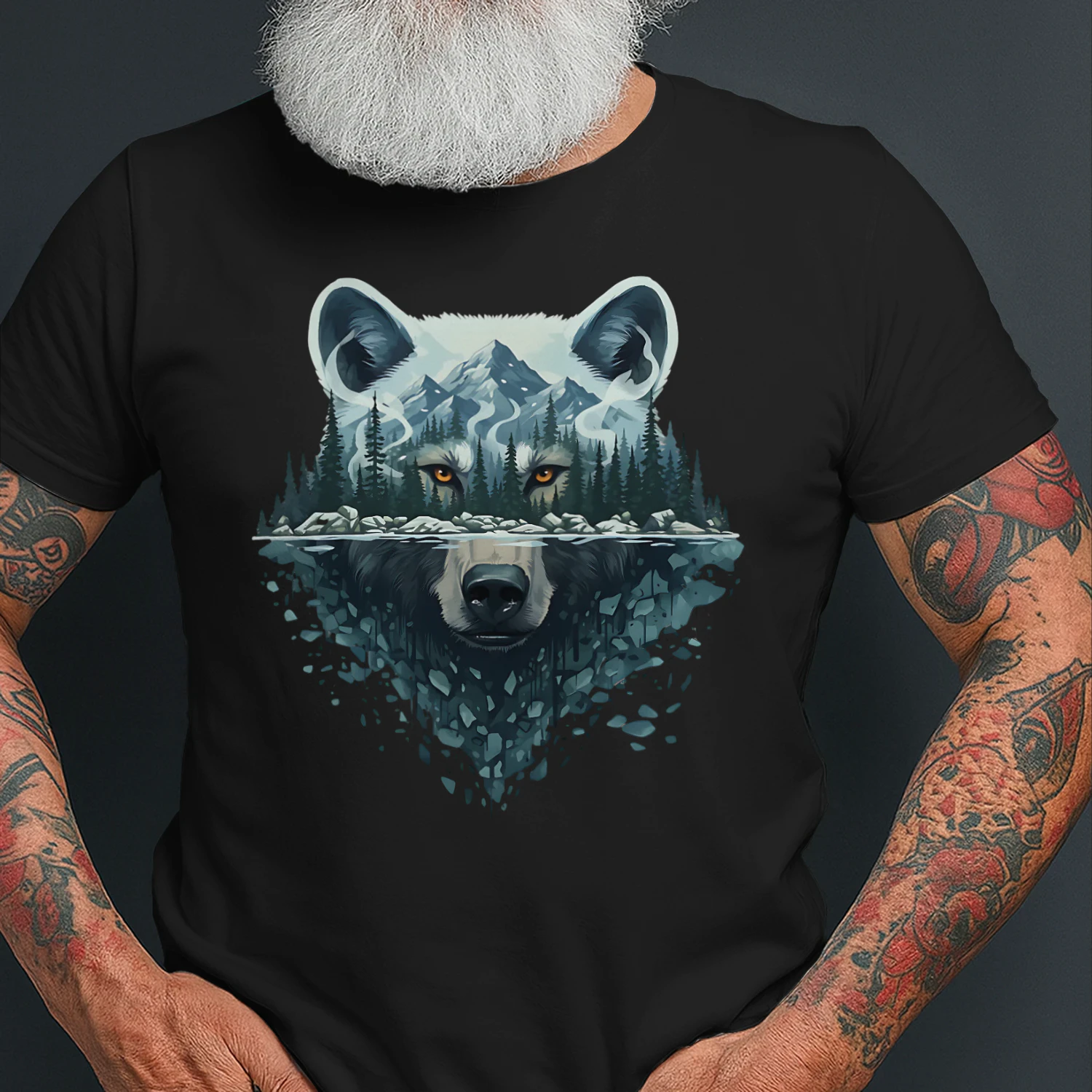 Majestic Wolf Snowy Mountain Forest Water Reflection Double Exposure Graphic
