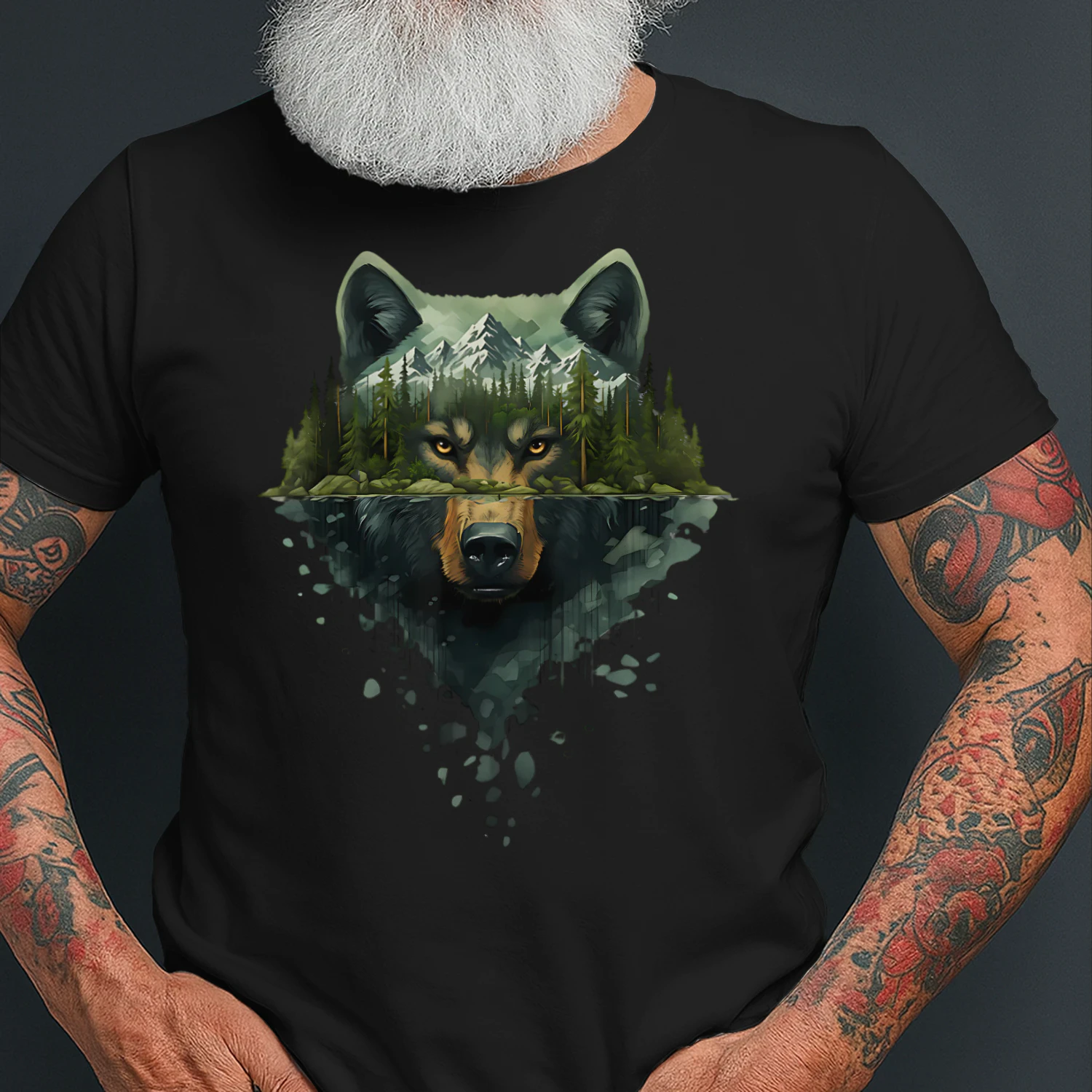 Majestic Wolf Mountain Forest Water Reflection Double Exposure Graphic