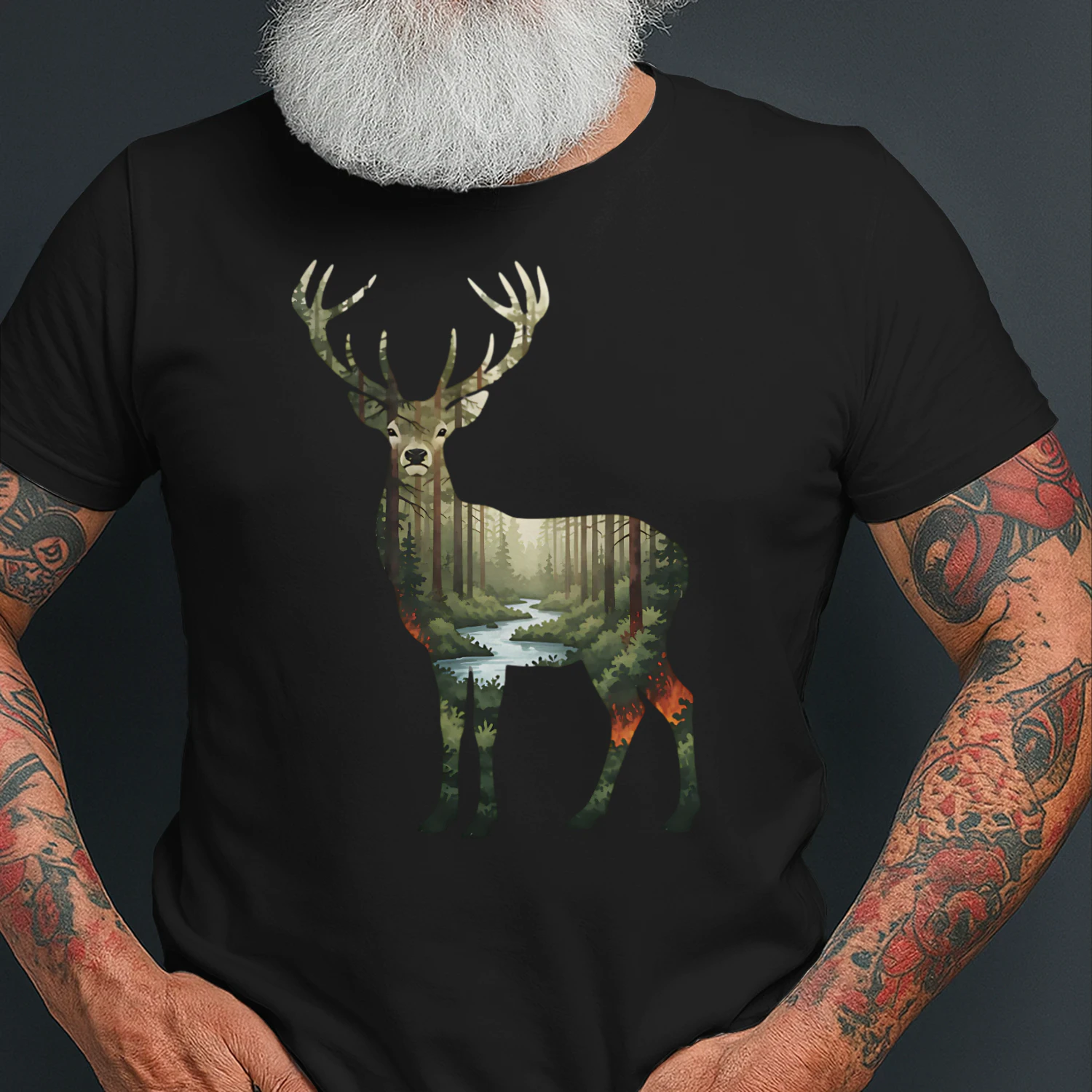 Majestic Buck Deer Silhouette Pine Forest River Stream Double Exposure Graphic