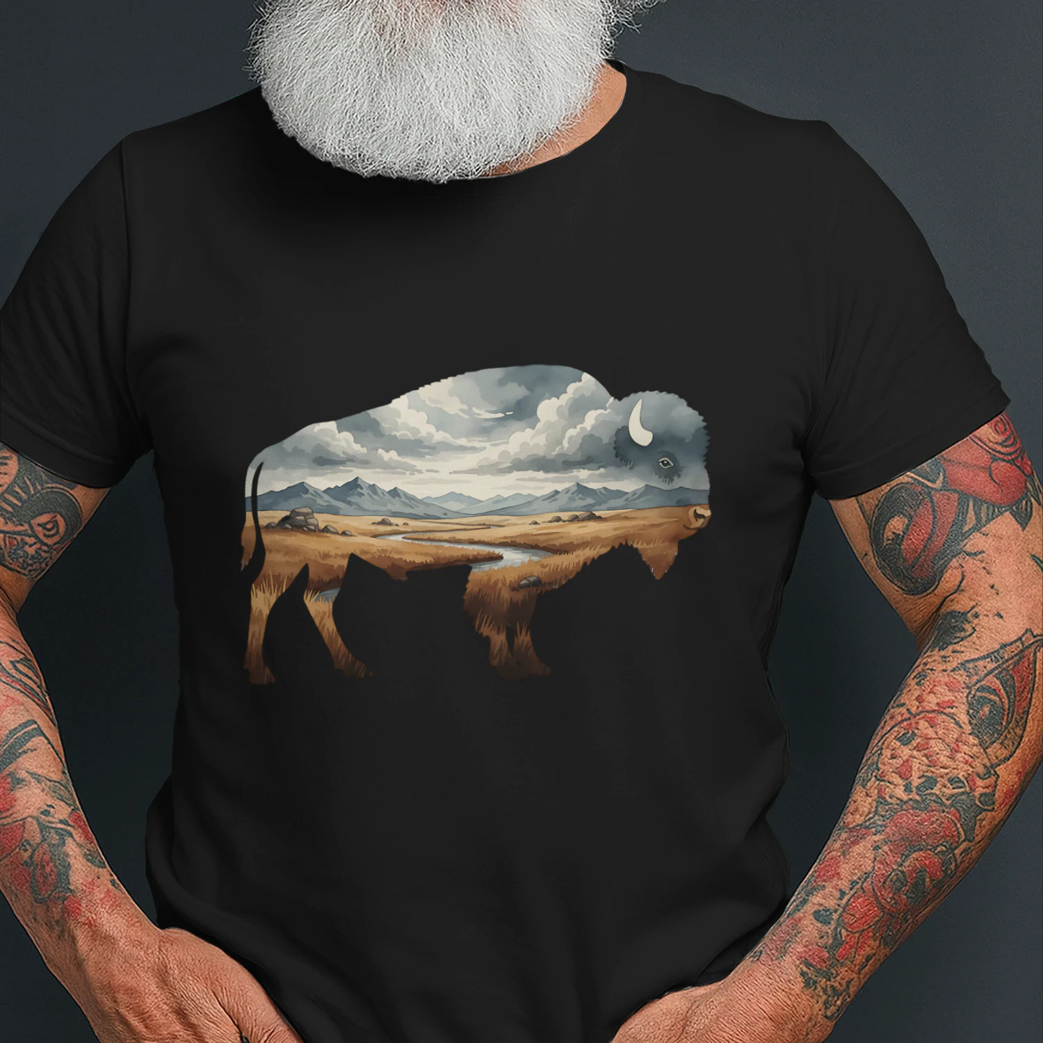 Majestic American Bison Buffalo Silhouette Great Plains Mountain River Double Exposure Graphic