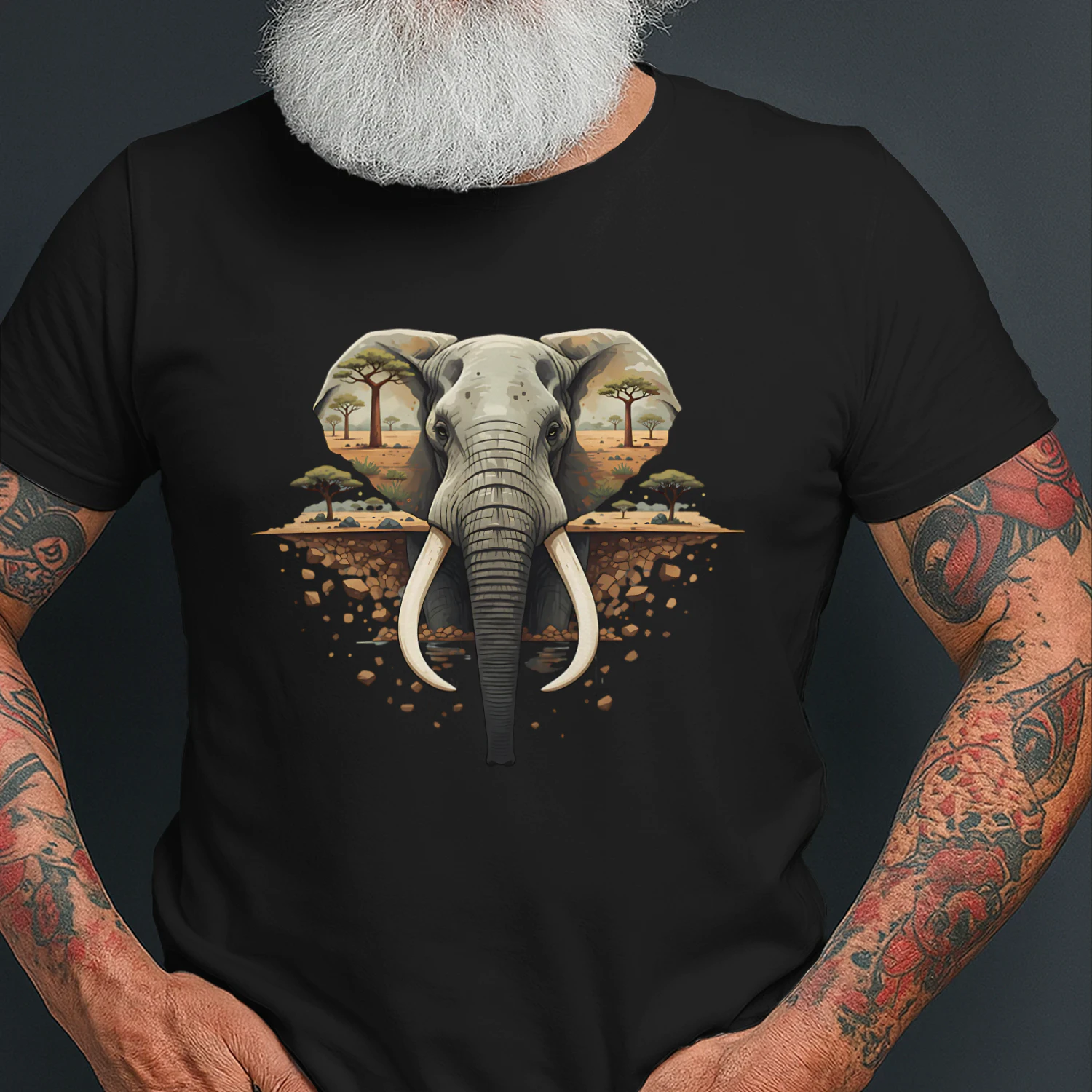 Majestic Elephant African Savannah Double Exposure Vintage Nature Graphic