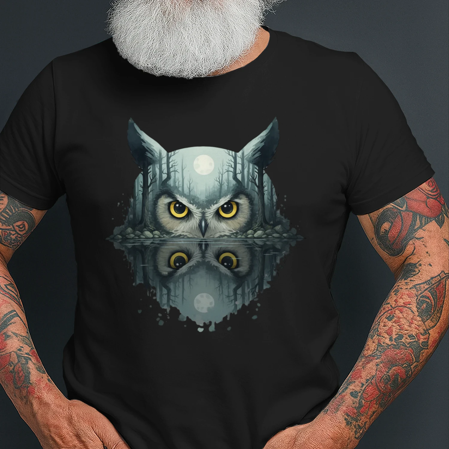 Mysterious Owl Night Forest Full Moon Water Reflection Double Exposure Graphic