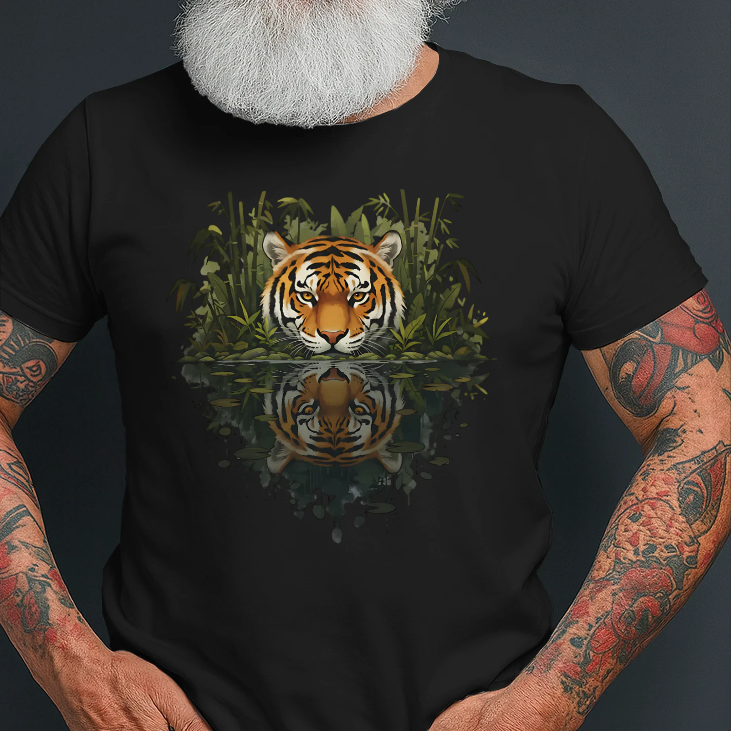 Majestic Tiger Jungle Bamboo Water Reflection Nature Graphic