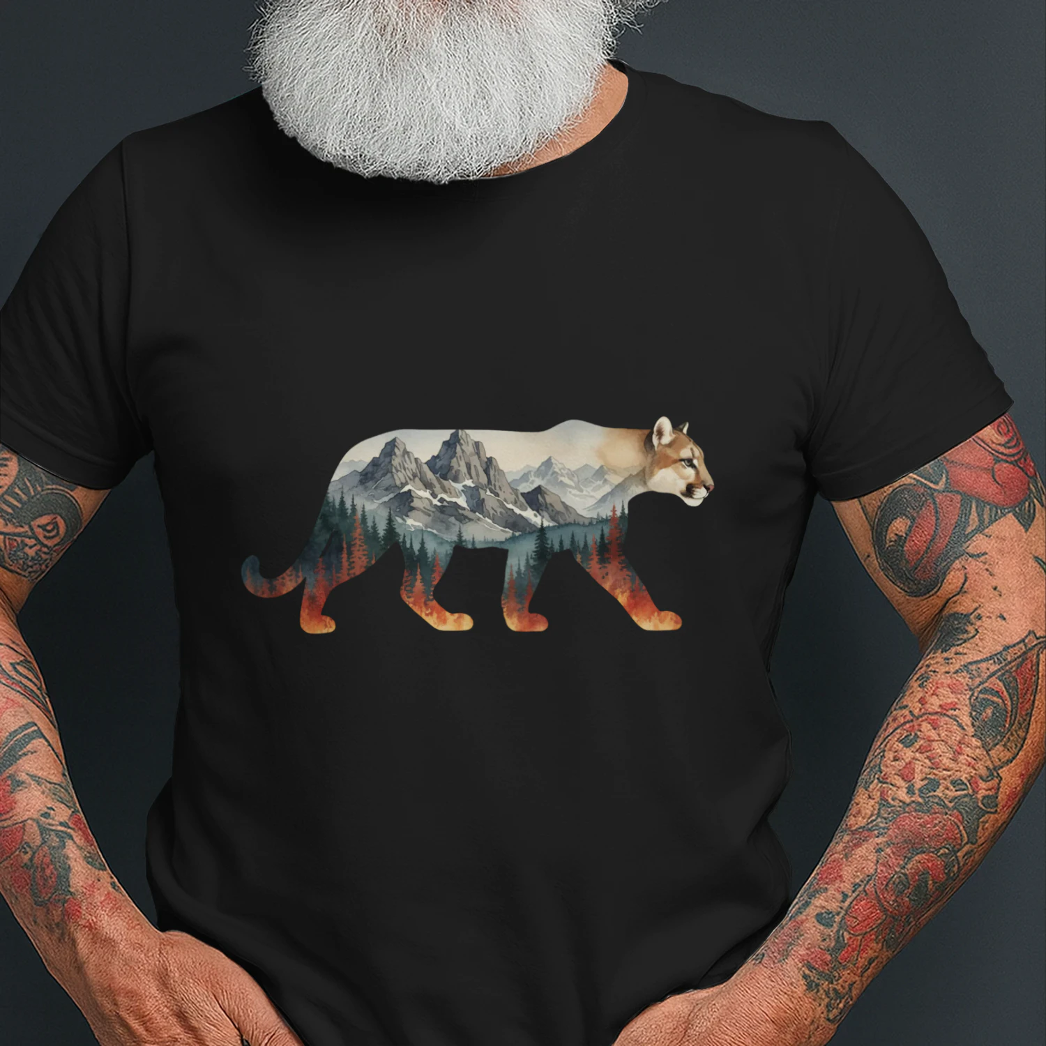 Majestic Mountain Lion Cougar Silhouette Mountain Forest Double Exposure Graphic