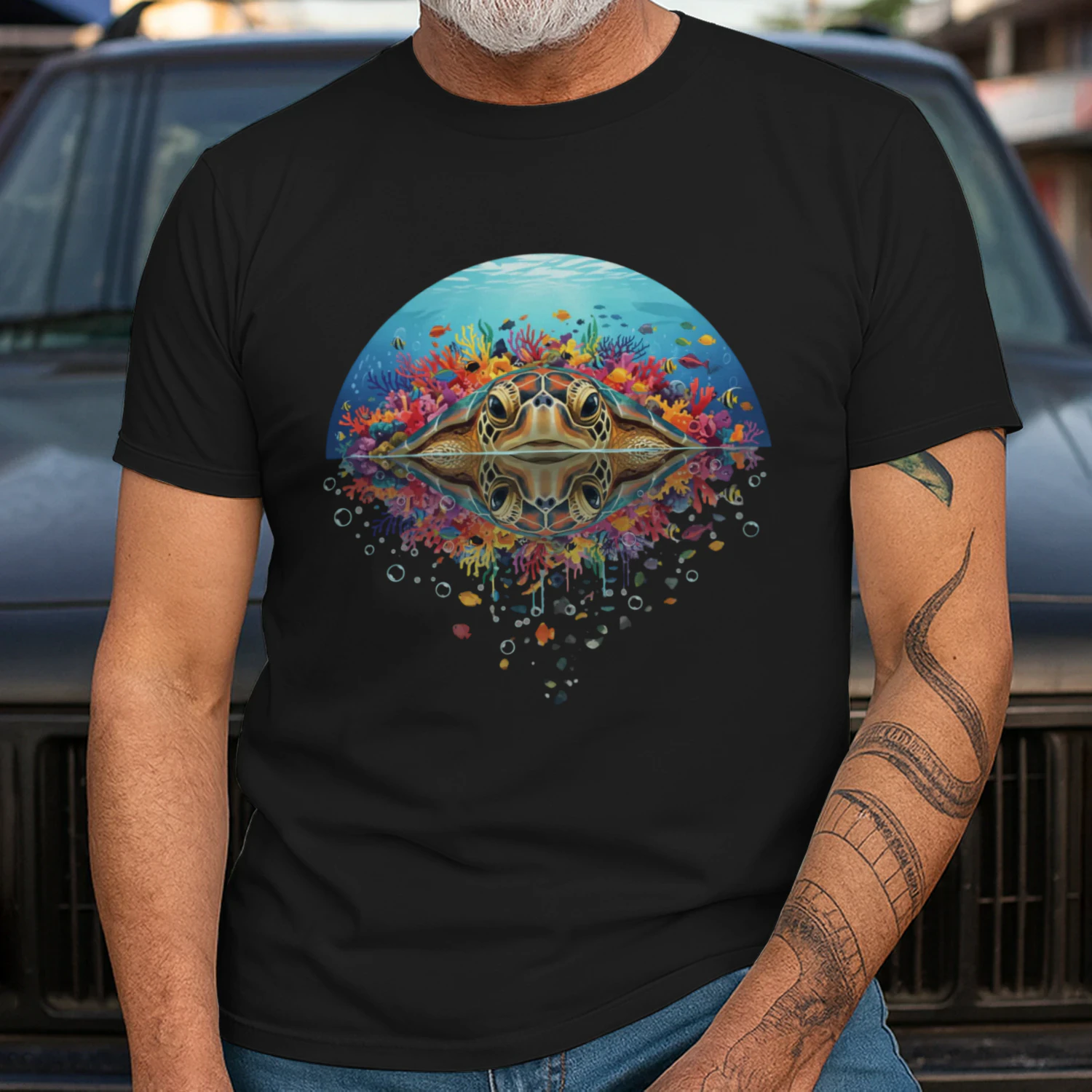 Majestic Sea Turtle Coral Reef Water Reflection Double Exposure Graphic