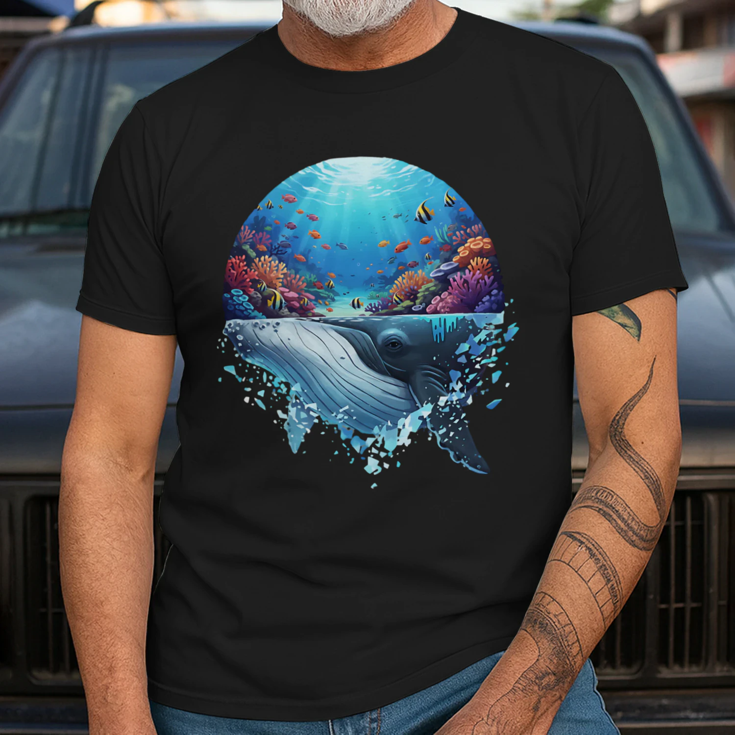 Majestic Humpback Whale Coral Reef Tropical Fish Ocean Life Double Exposure Graphic