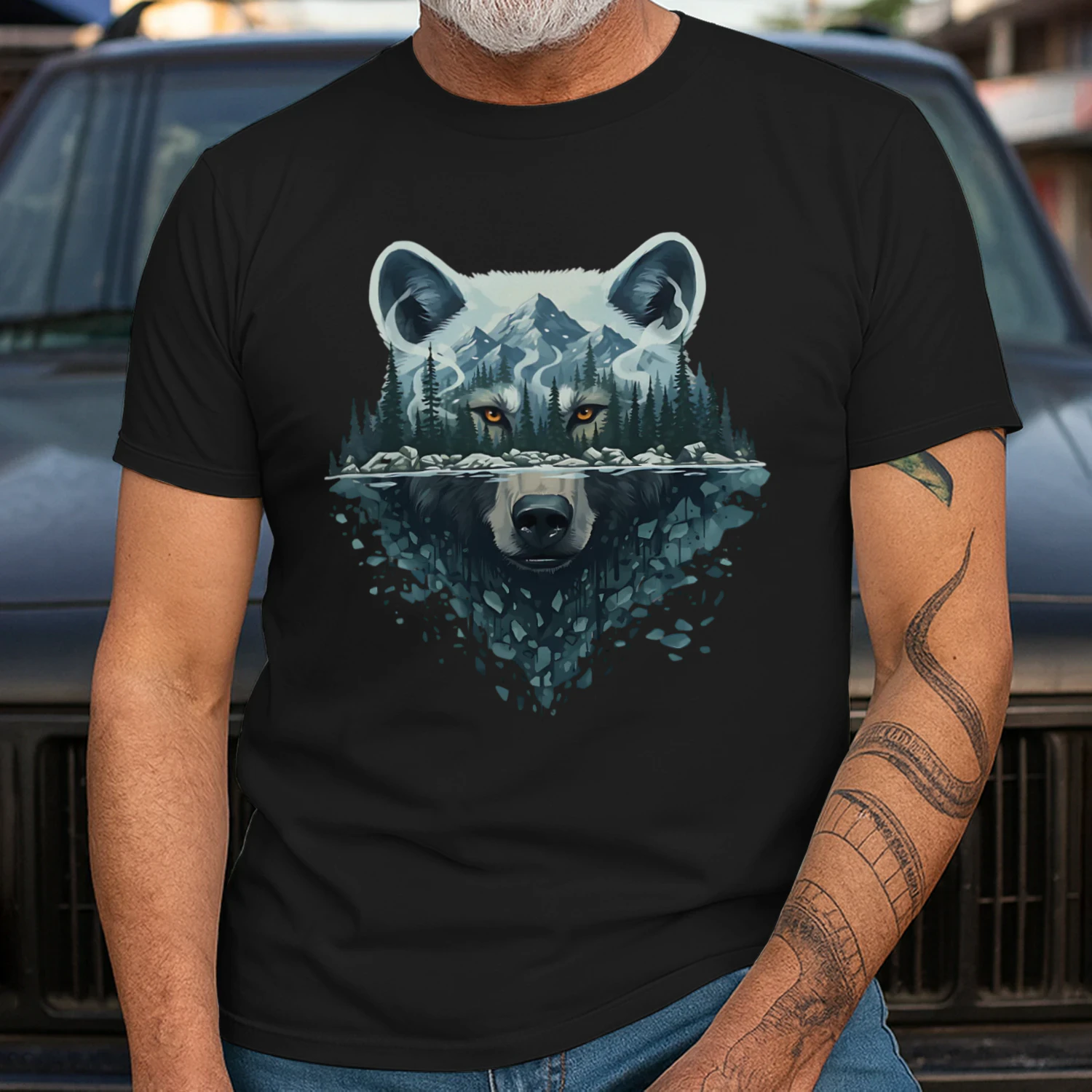 Majestic Wolf Snowy Mountain Forest Water Reflection Double Exposure Graphic