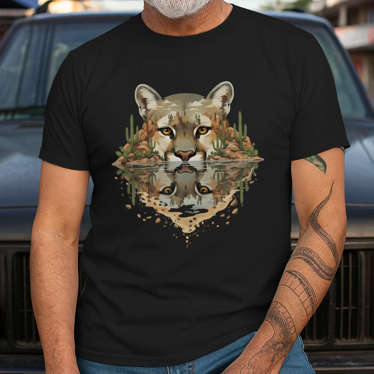 Cougar Mountain Lion Desert Cactus Water Reflection Double Exposure Graphic