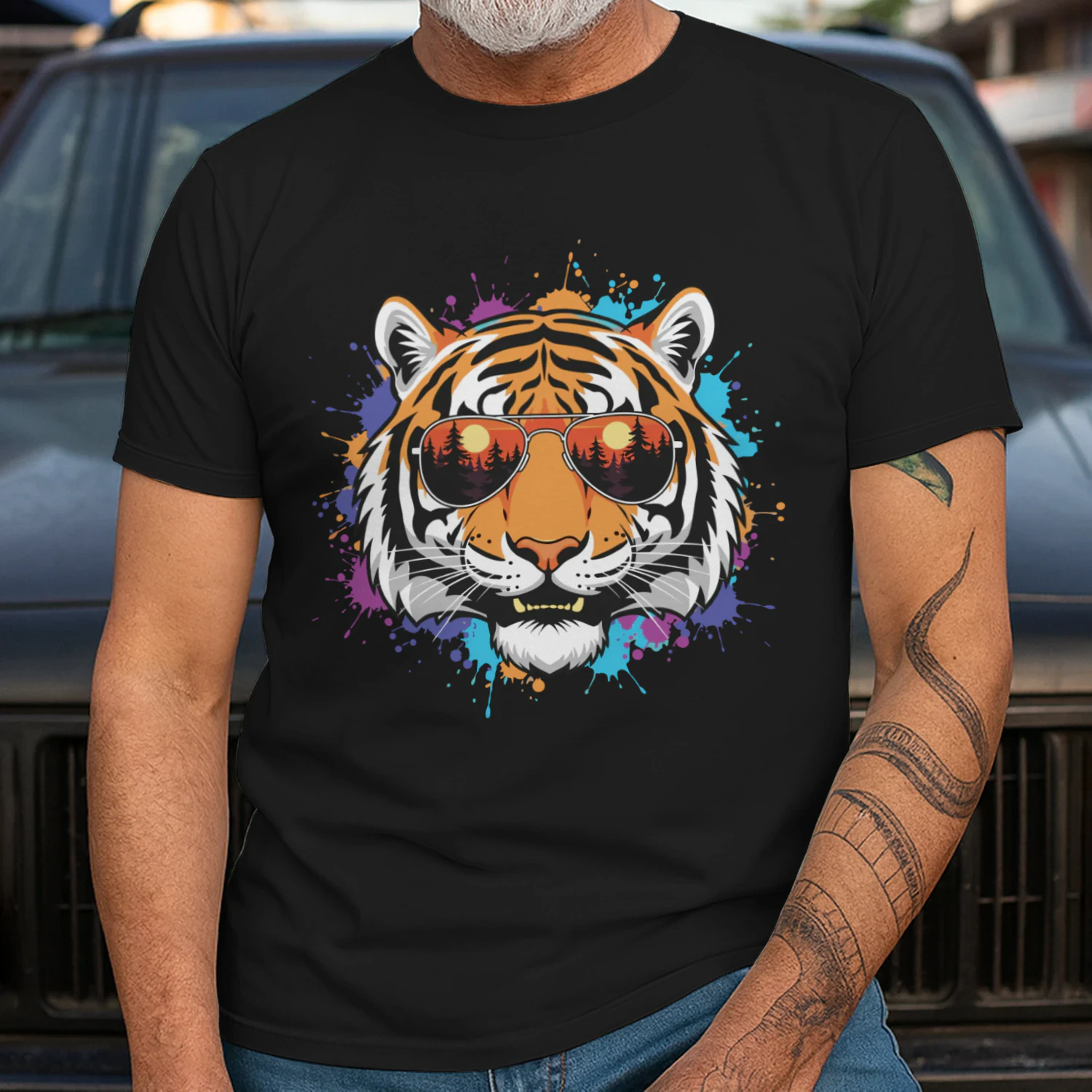 Colorful Tiger Aviator Sunglasses Paint Splatter Sunset Forest