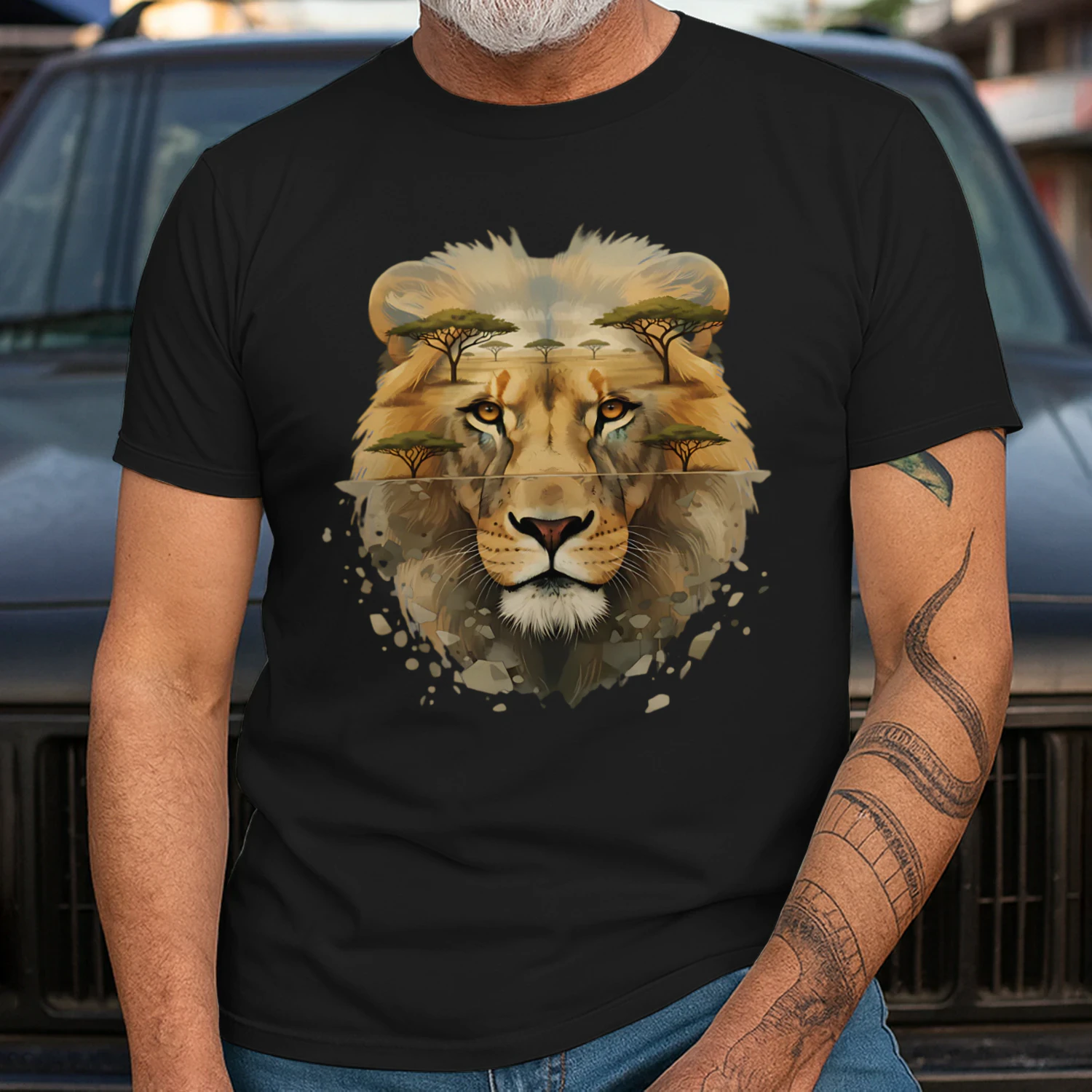 Majestic Lion African Savannah Acacia Trees Double Exposure Graphic