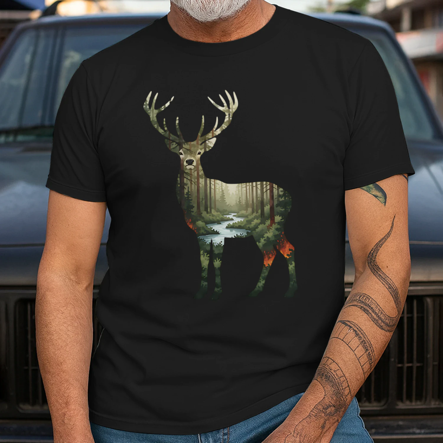 Majestic Buck Deer Silhouette Pine Forest River Stream Double Exposure Graphic