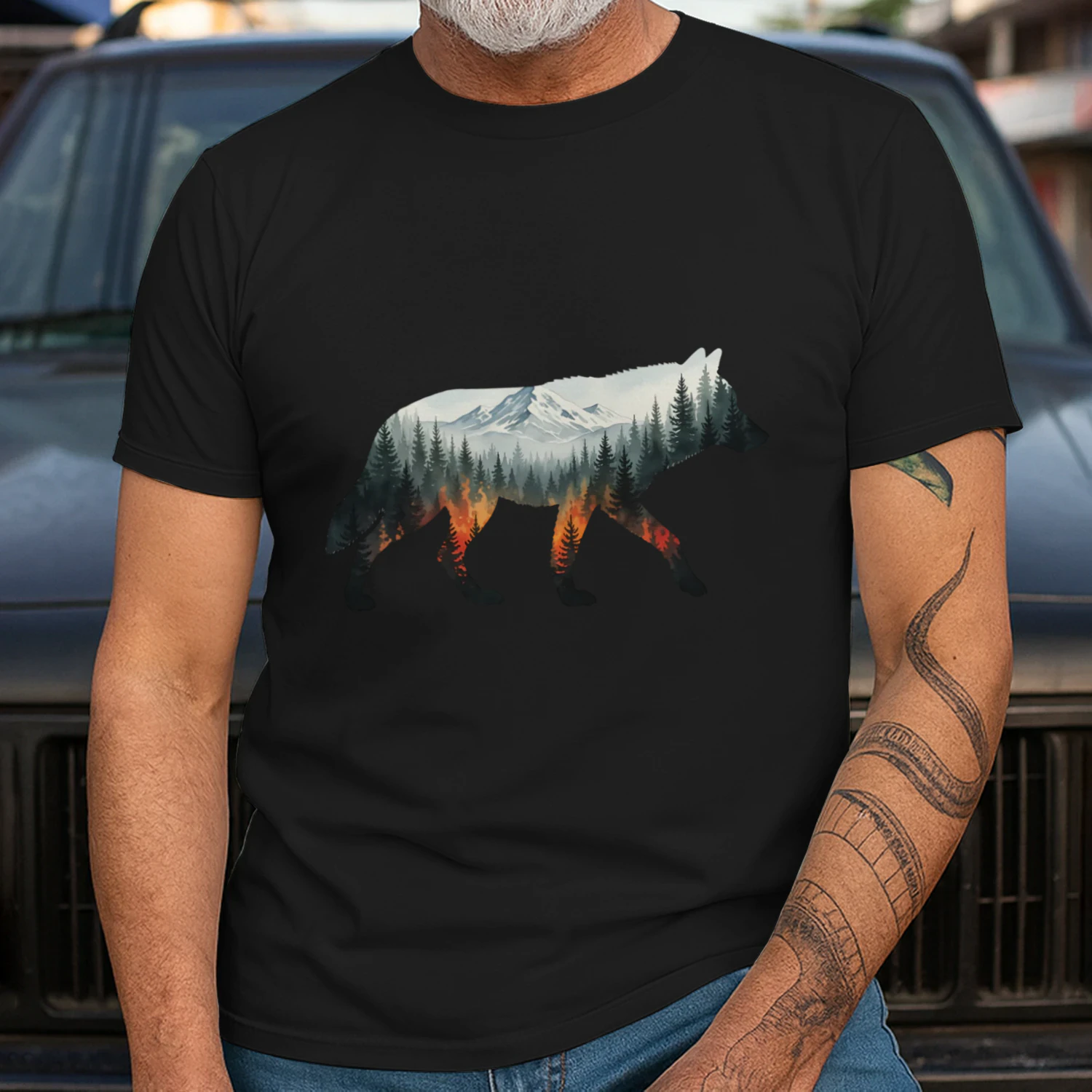 Majestic Wolf Silhouette Mountain Forest Fire Double Exposure Graphic