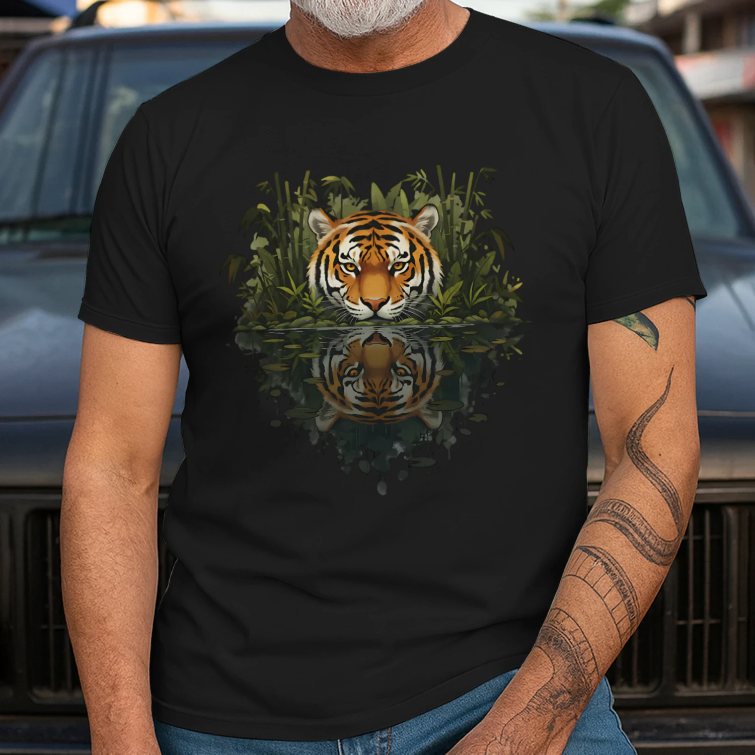 Majestic Tiger Jungle Bamboo Water Reflection Nature Graphic